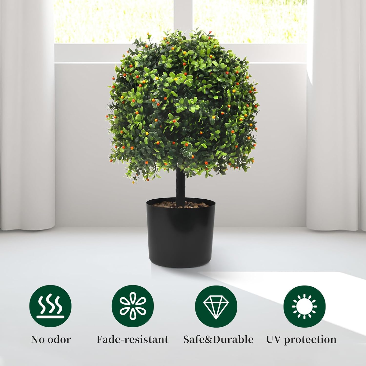 KUKKUME Artificial Boxwood Topiary with Reddish Fruit Set of 2