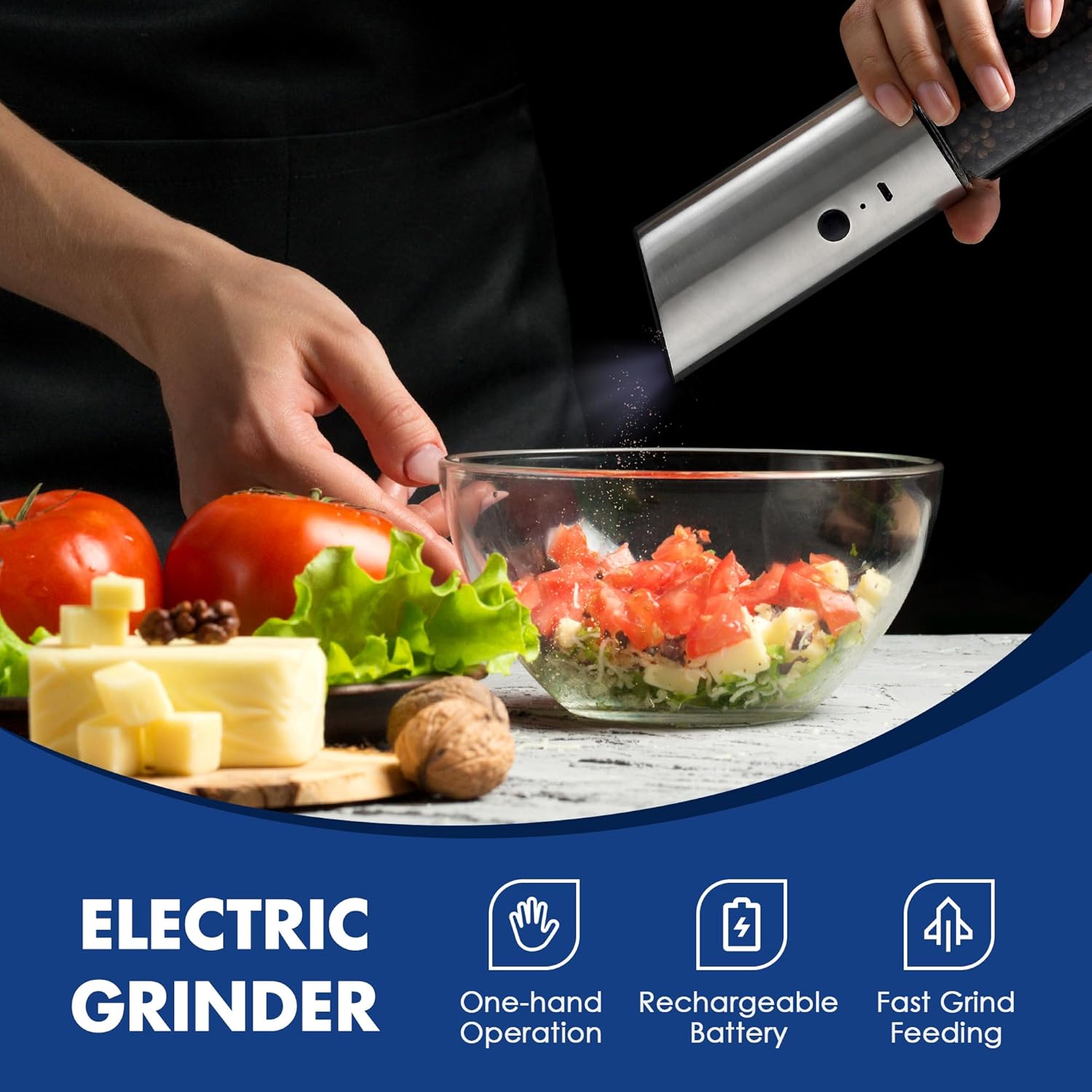 Vzaahu Gravity Electric Pepper and Salt Grinder Set of 2 - Rechargeable and Adjustable