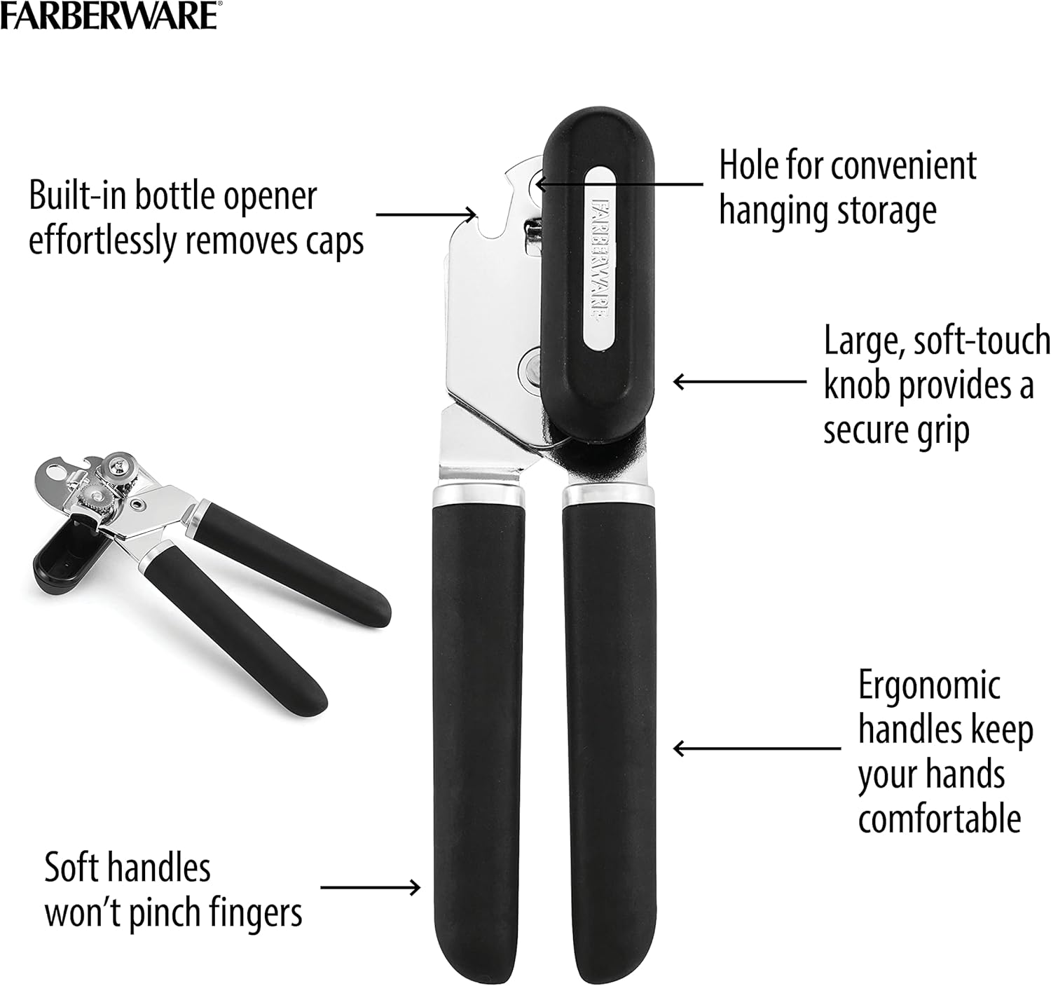 Farberware Pro Soft Knob Can Opener and Bottle Opener Black
