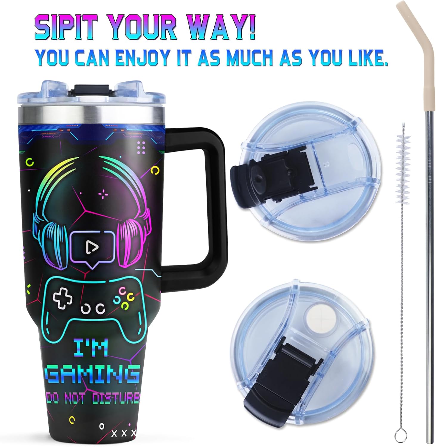 Gaming Mug for Men and Boys 40oz Tumbler with Handle and Straw