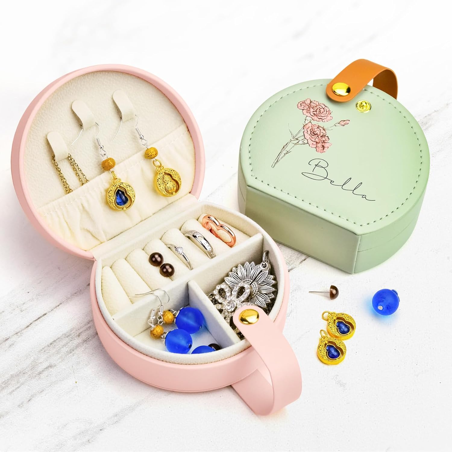 Personalized Leather Jewelry Box with Name and Birth Flower for Women