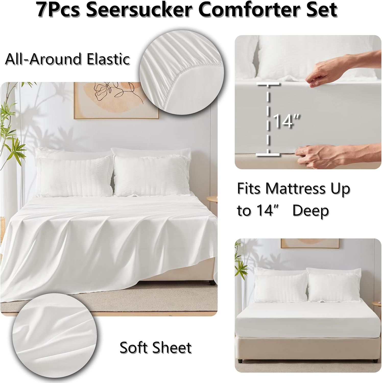 CozyLux Queen Comforter Set White Seersucker 7 Piece Bed in a Bag