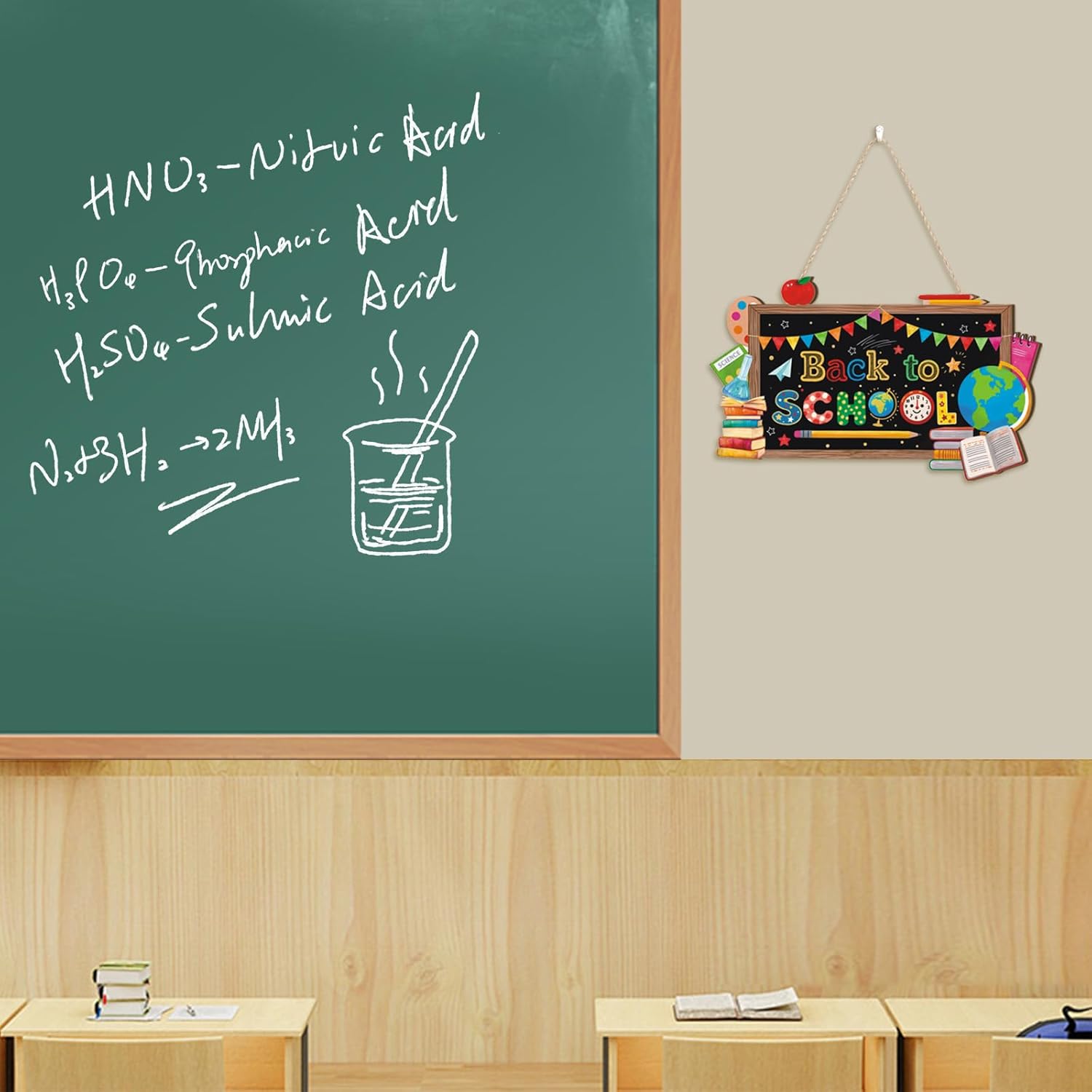 Aryroi Back to School Wood Sign with Books and Apple