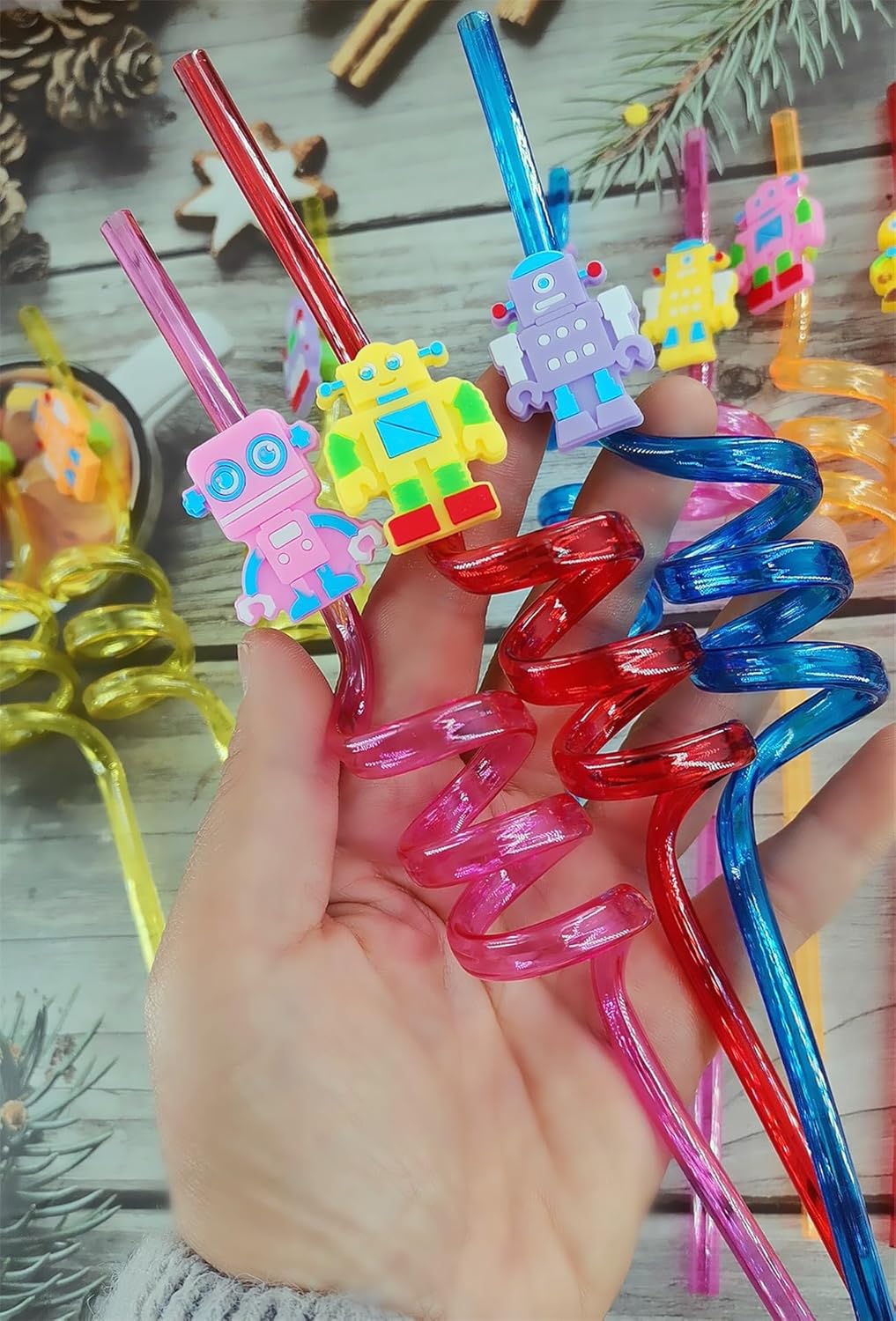 24-Pack Robot-Themed Reusable Plastic Straws for Birthday Party Favors