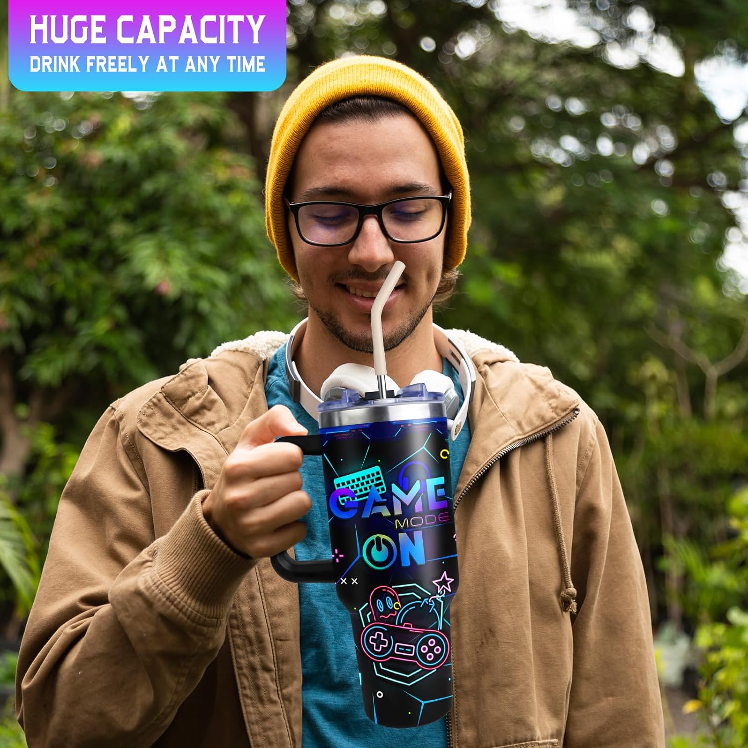 Gaming Mug for Men and Boys 40oz Tumbler with Handle and Straw