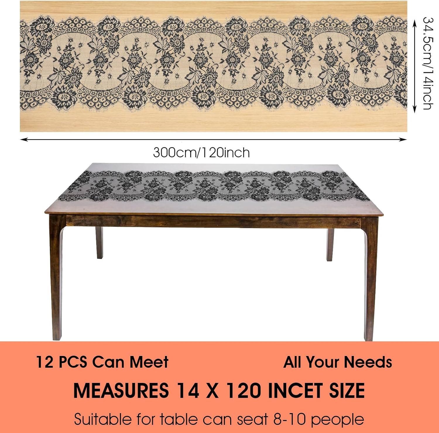 12 Pcs Black Lace Table Runners Rustic Wedding Decor