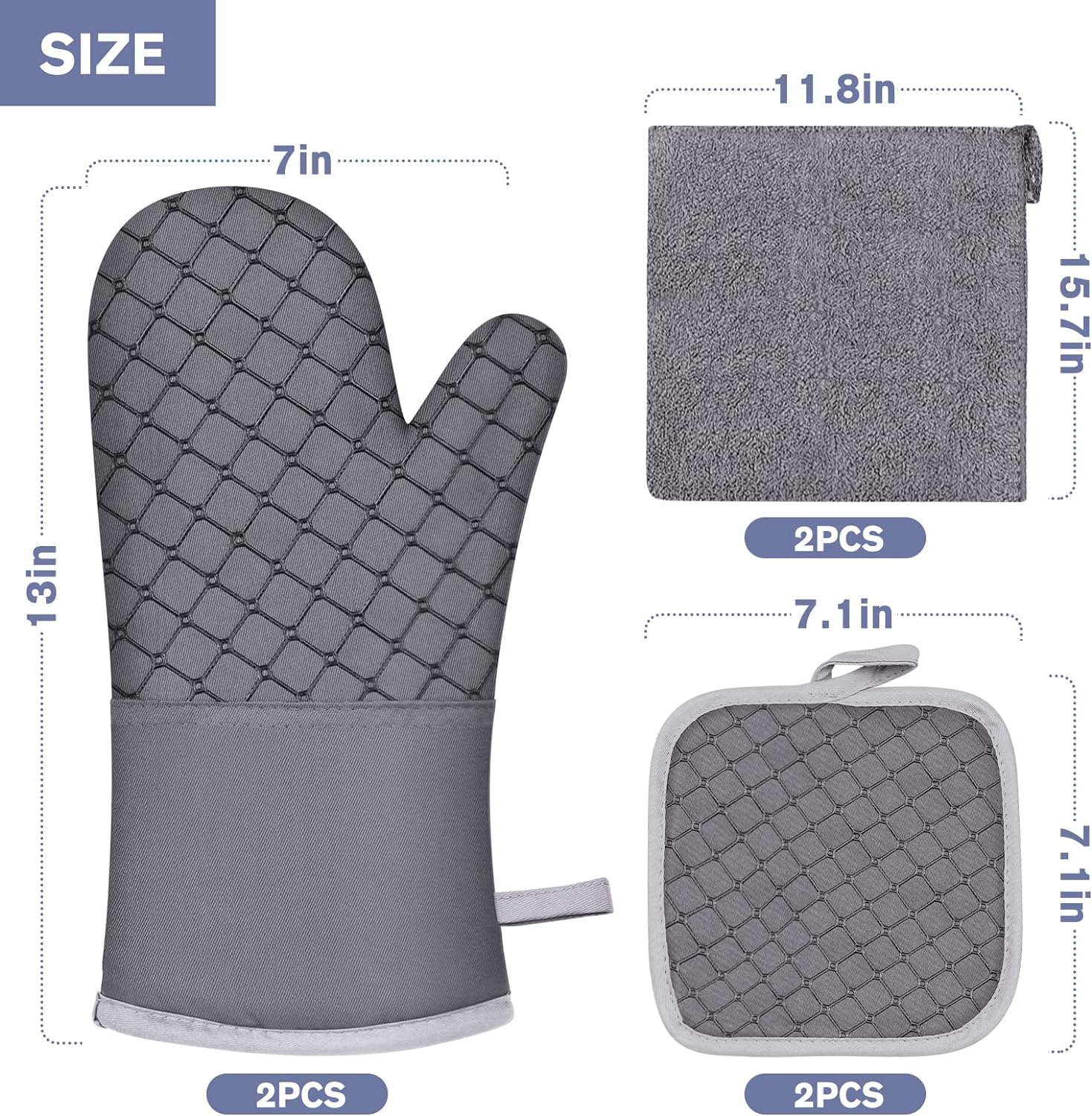6 Pcs Oven Mitts and Pot Holders Set Grey