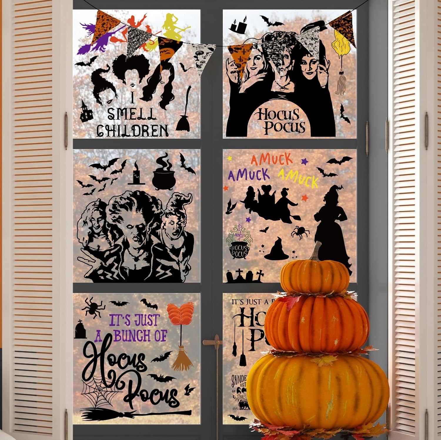 GreenPine 6Pcs Halloween Window Clings Witch Decals Bats Spider Webs