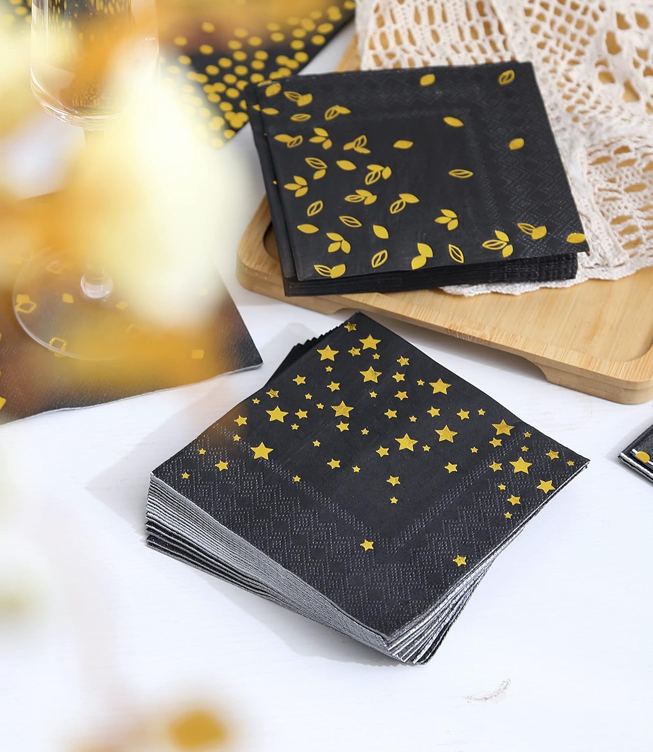 100 Pack Black Napkins with 4 Gold Designs