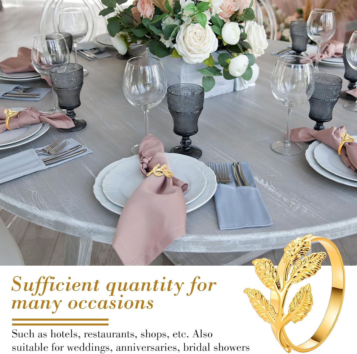 Bokon 50 Pcs Gold Napkin Rings Metal Leaf Design Holders