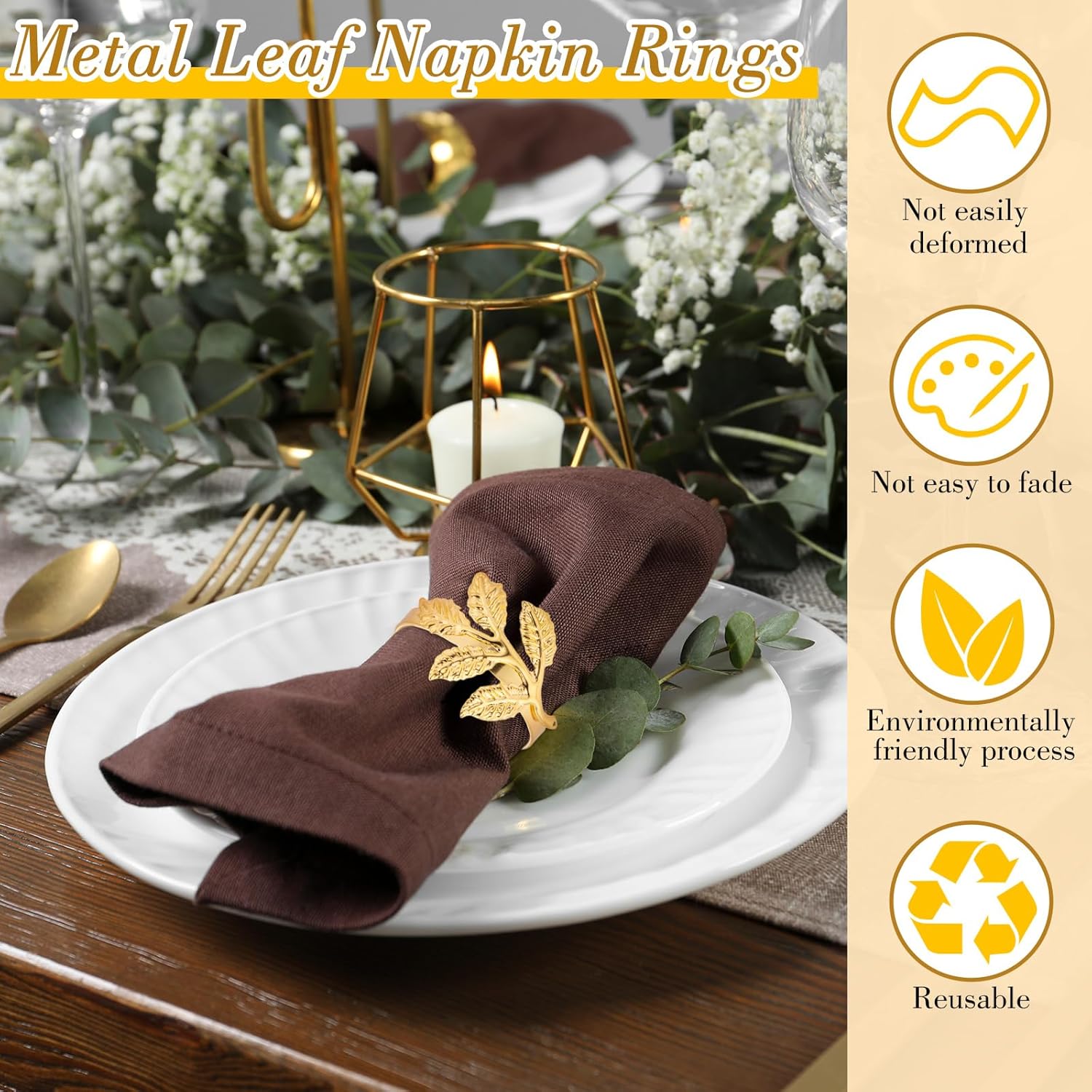 Bokon 50 Pcs Gold Napkin Rings Metal Leaf Design Holders
