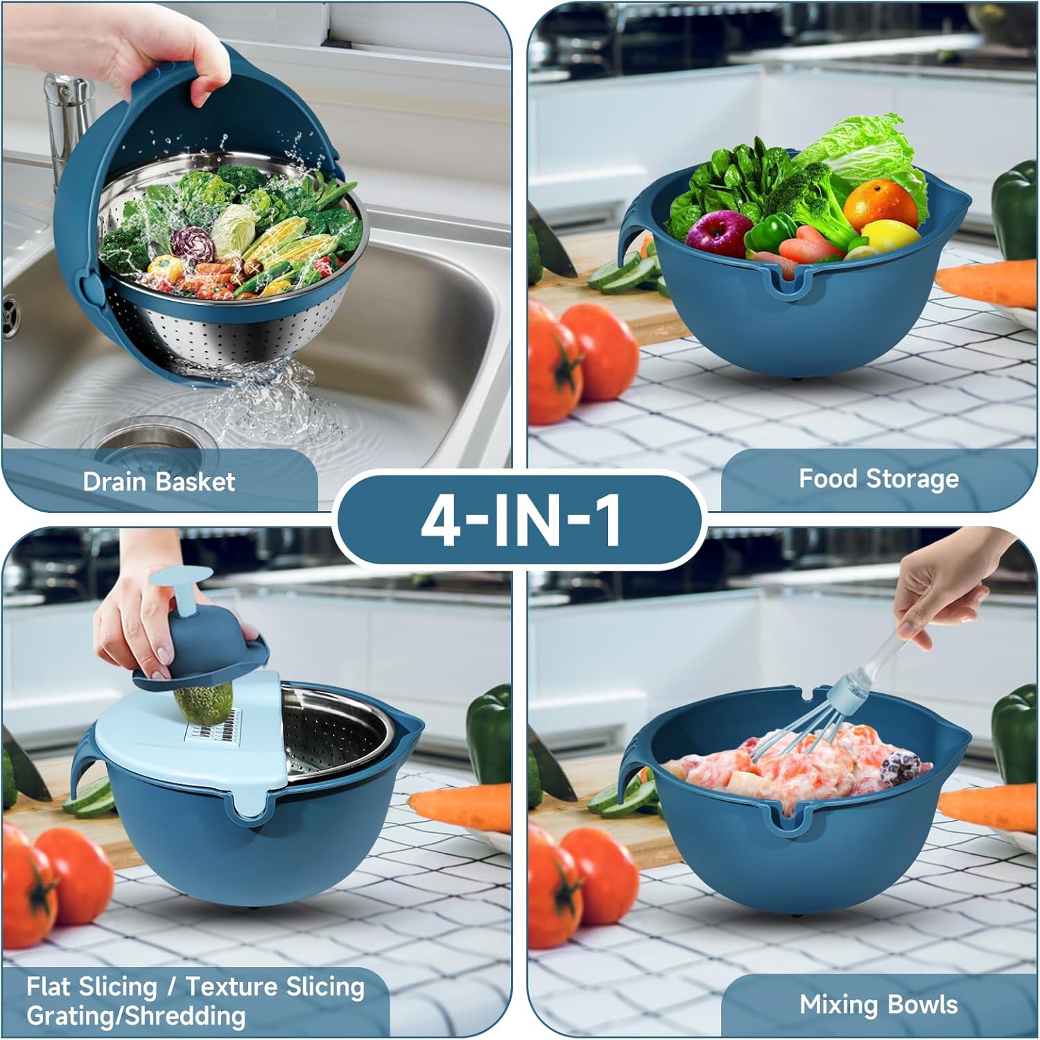 4 in 1 Colander with Mixing Bowl Set - Blue