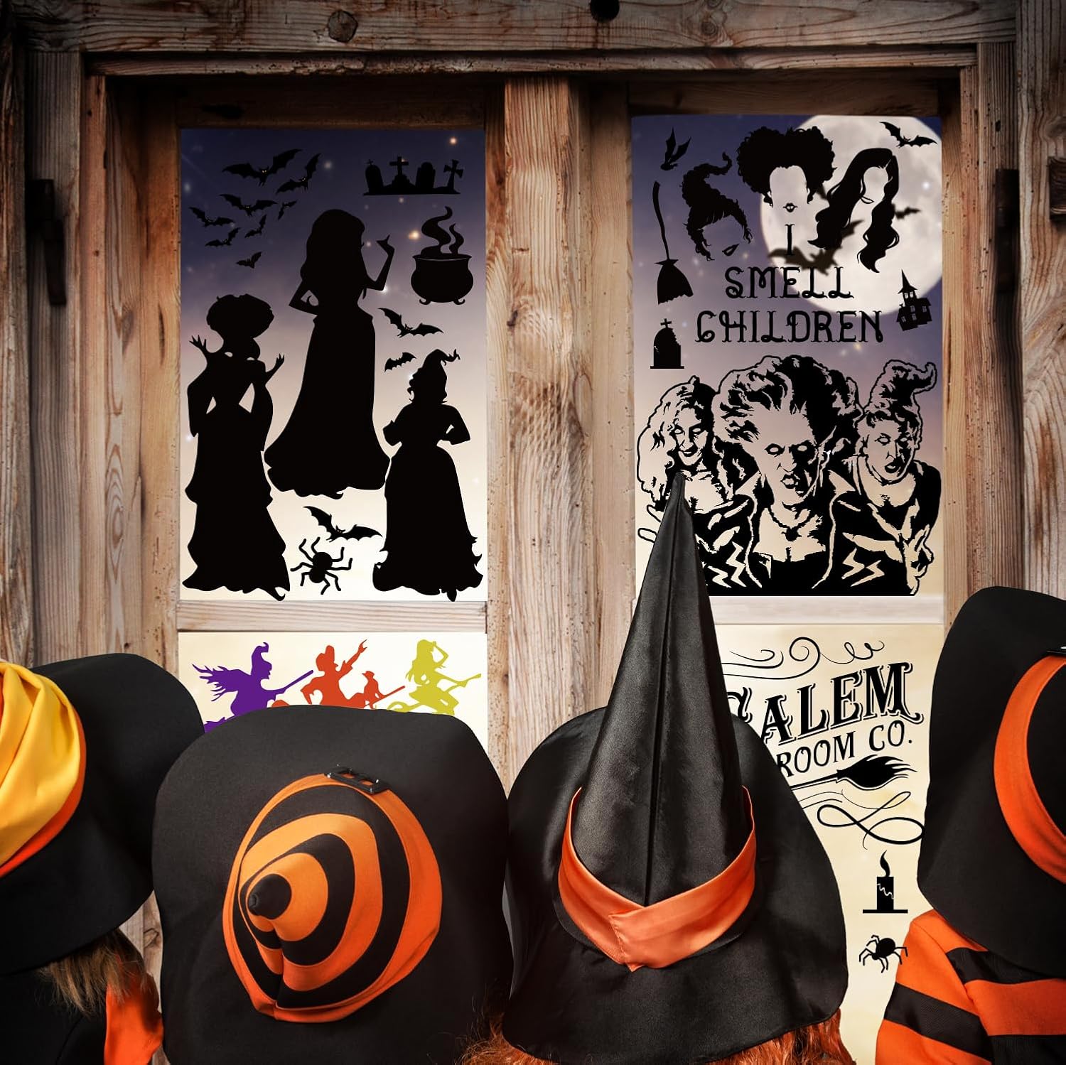 GreenPine 6Pcs Halloween Window Clings Witch Decals Bats Spider Webs