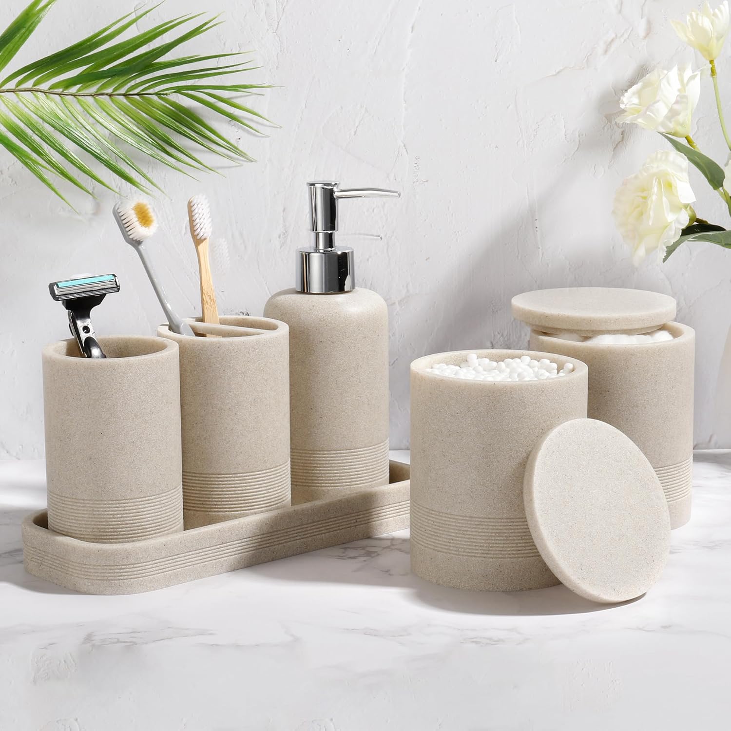 Modern Bathroom Accessory Set 6 Piece Beige