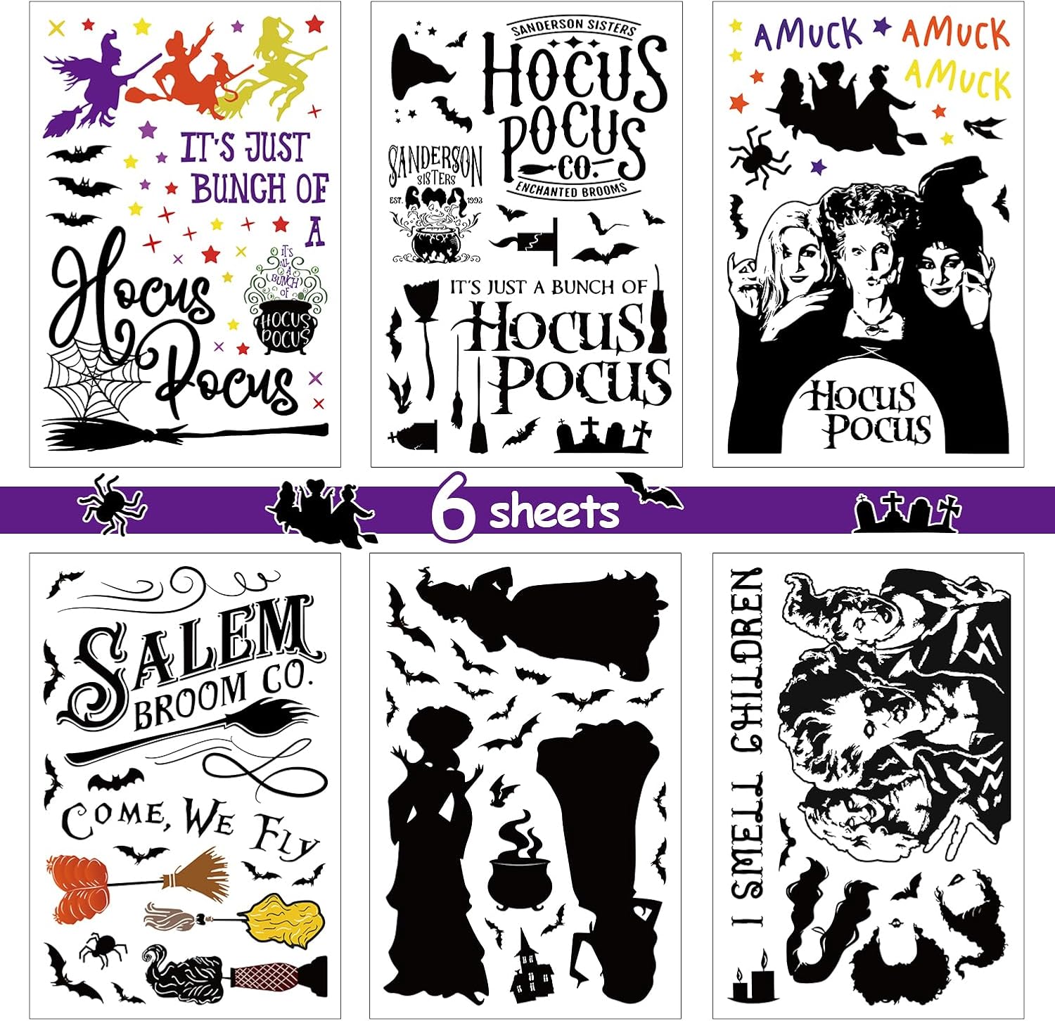 GreenPine 6Pcs Halloween Window Clings Witch Decals Bats Spider Webs