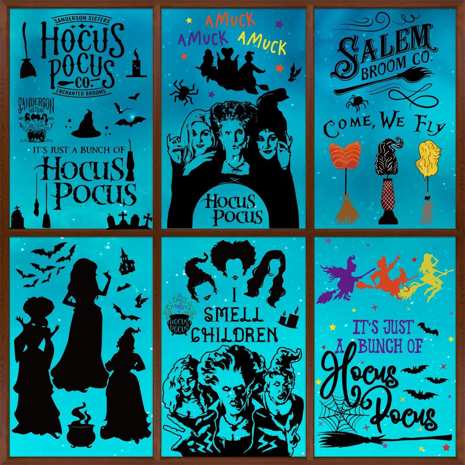 GreenPine 6Pcs Halloween Window Clings Witch Decals Bats Spider Webs