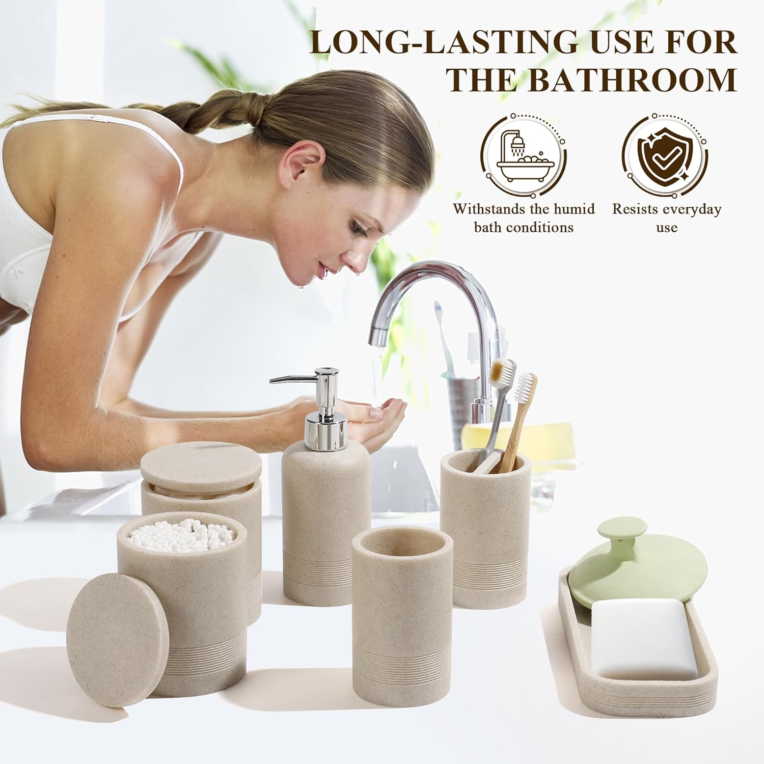 Modern Bathroom Accessory Set 6 Piece Beige