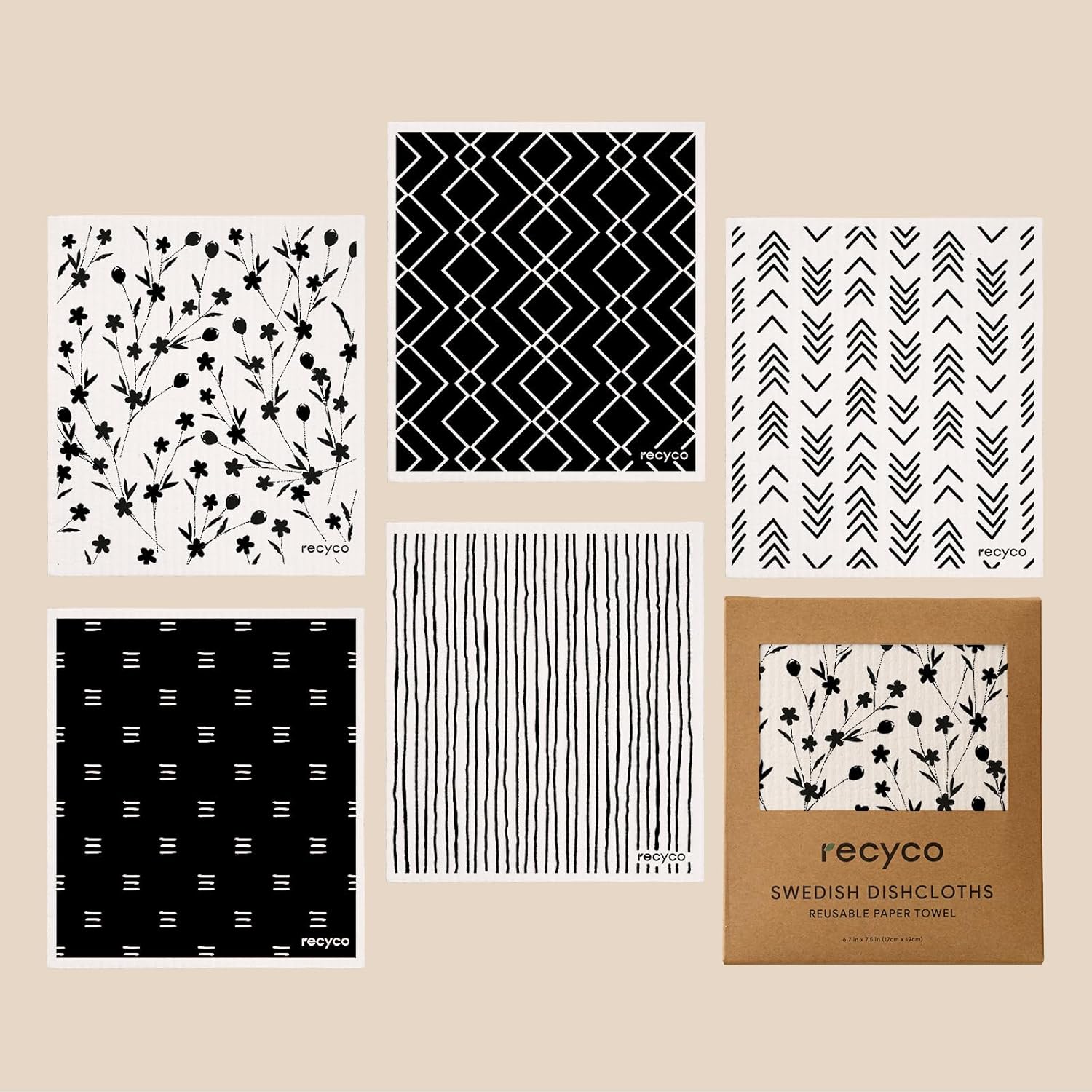 RECYCO Swedish Dishcloths 5 Pack Reusable Kitchen Wipes