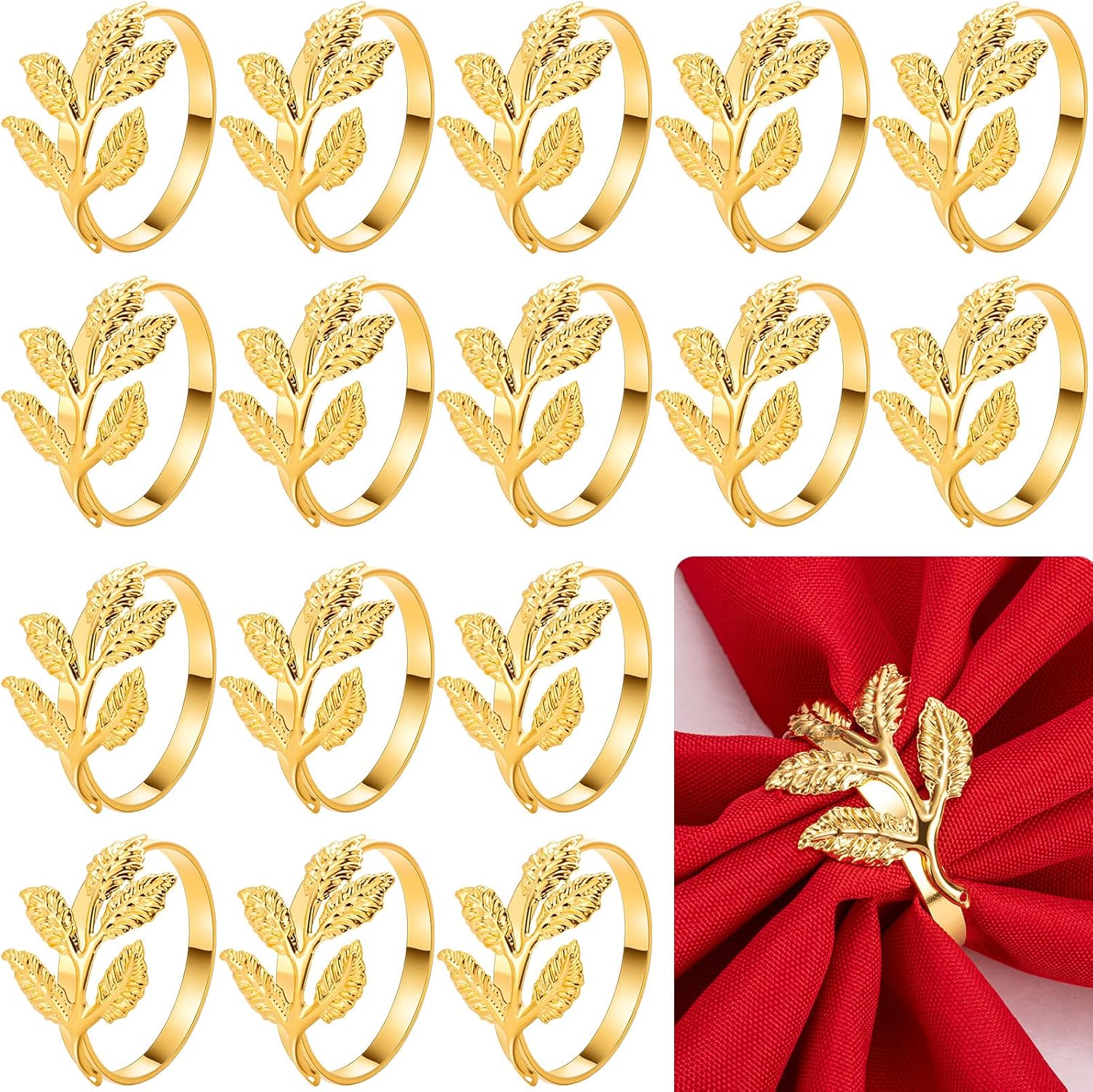 Bokon 50 Pcs Gold Napkin Rings Metal Leaf Design Holders