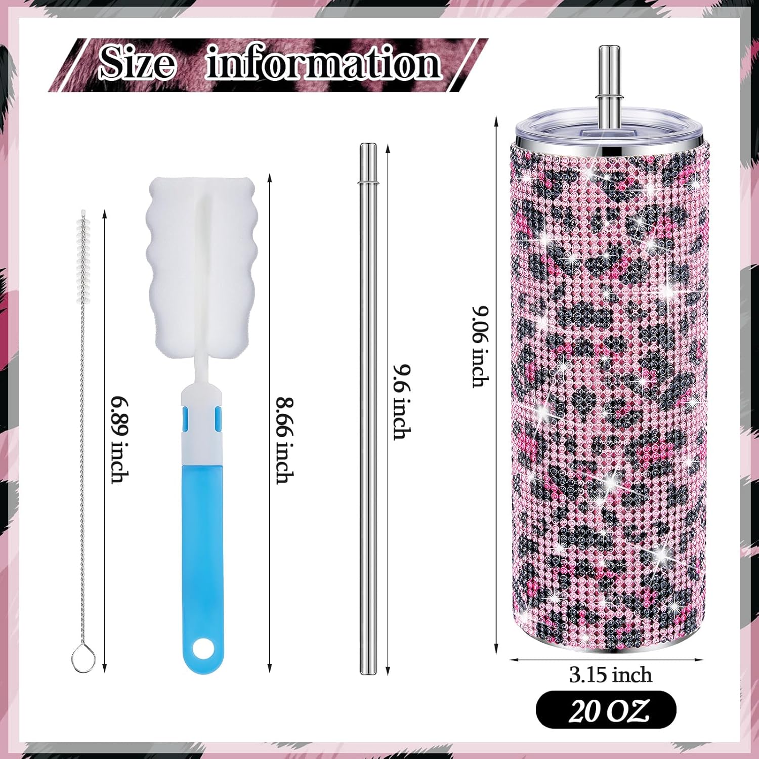 Tessco Bling Tumbler with Straw and Lid 20 oz Pink Leopard Print