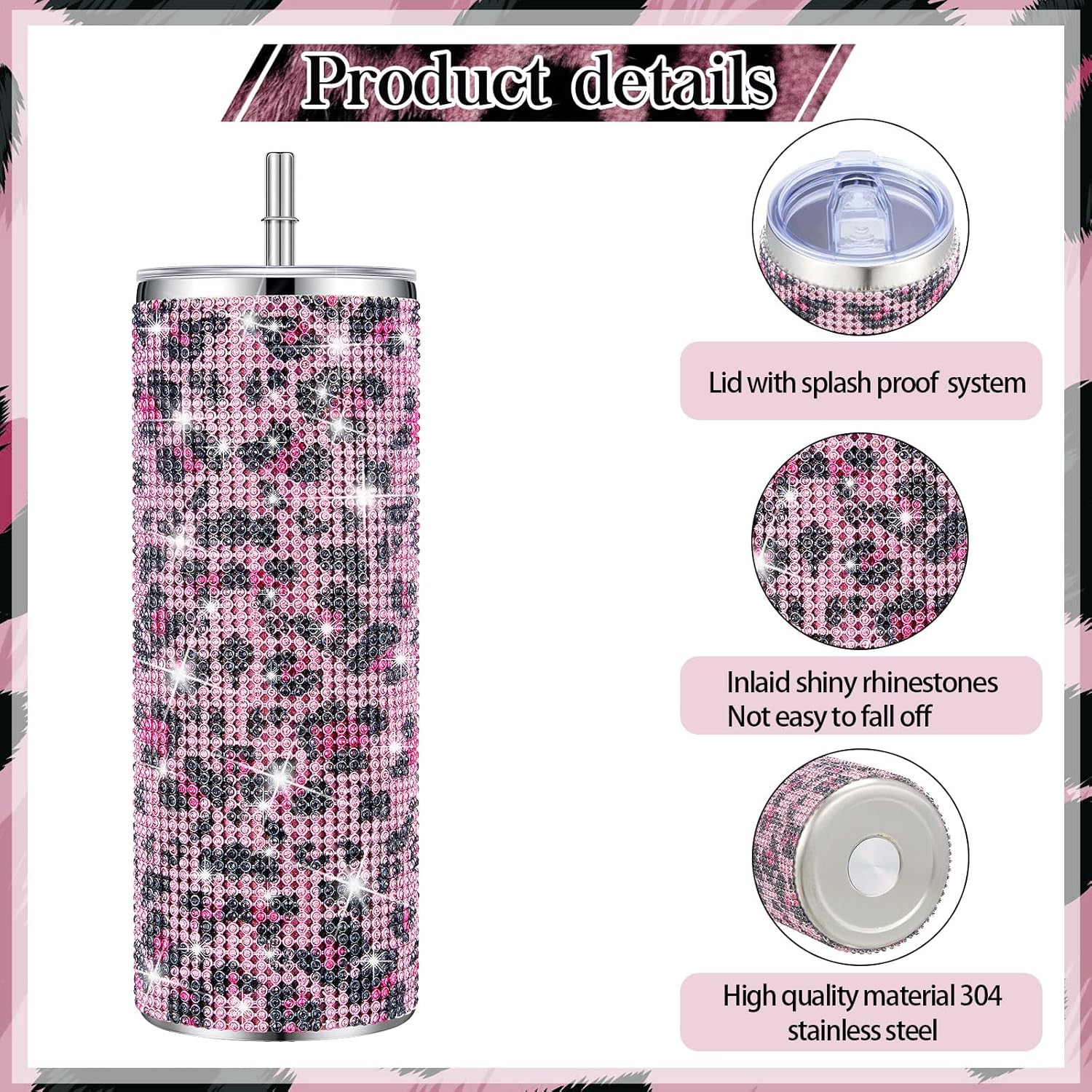 Tessco Bling Tumbler with Straw and Lid 20 oz Pink Leopard Print