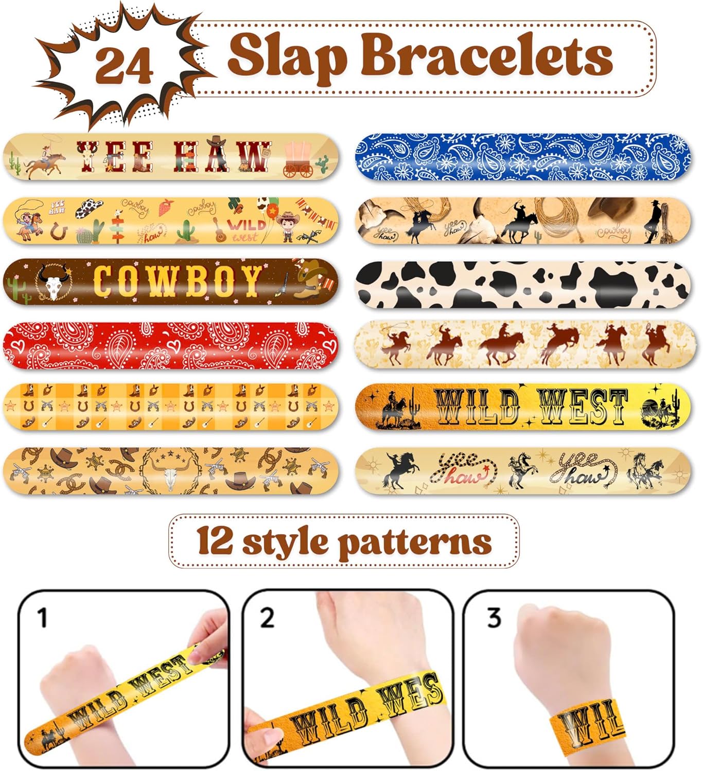 48PCS Cowboy Party Set with Slap Bracelets and Temporary Tattoos