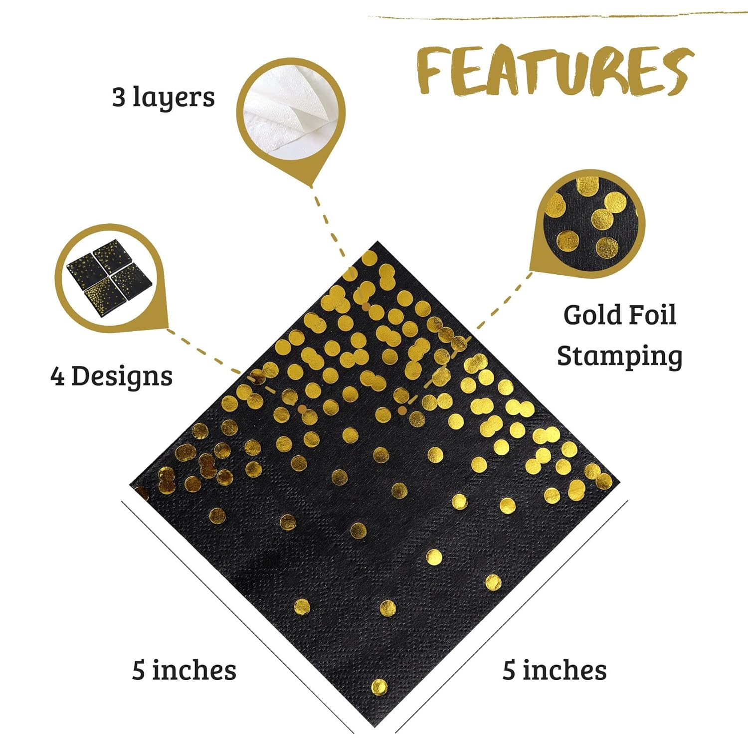 100 Pack Black Napkins with 4 Gold Designs