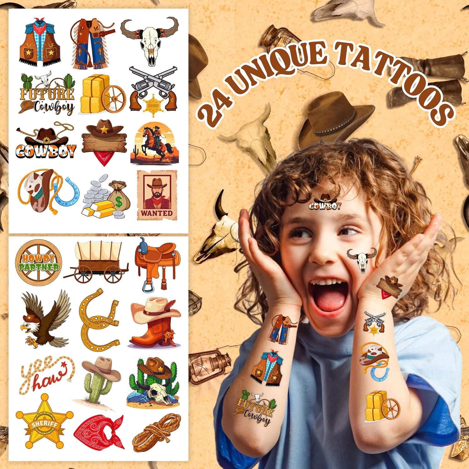 48PCS Cowboy Party Set with Slap Bracelets and Temporary Tattoos