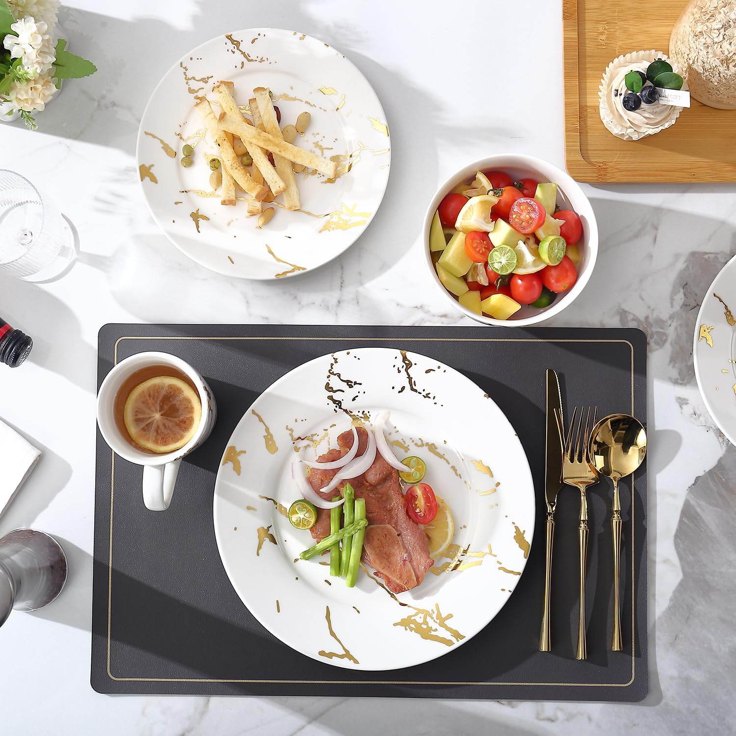 Porcelain Dinnerware Set for 4 with Gold Design