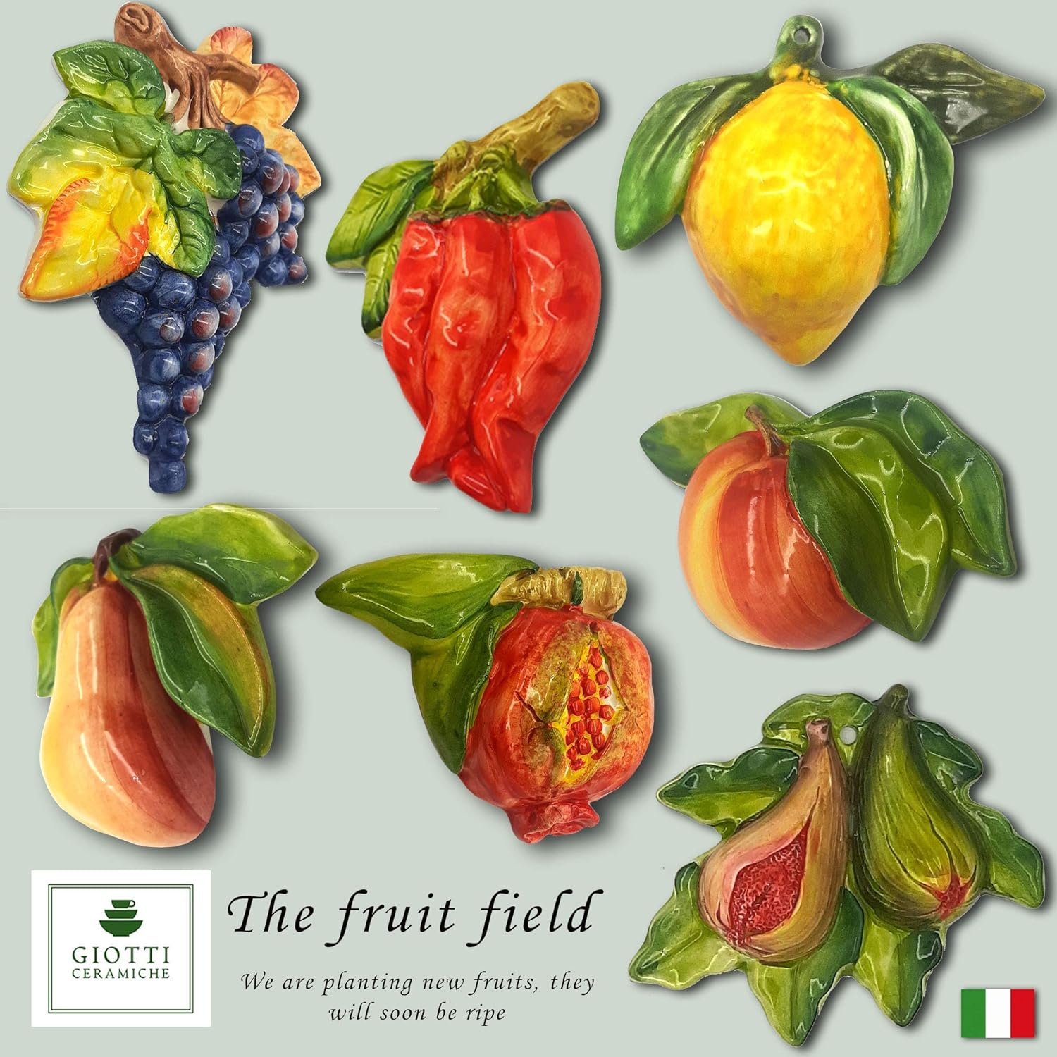 Italian Ceramic Fruits Wall Decor - Hand Painted Grapes Figs Apple