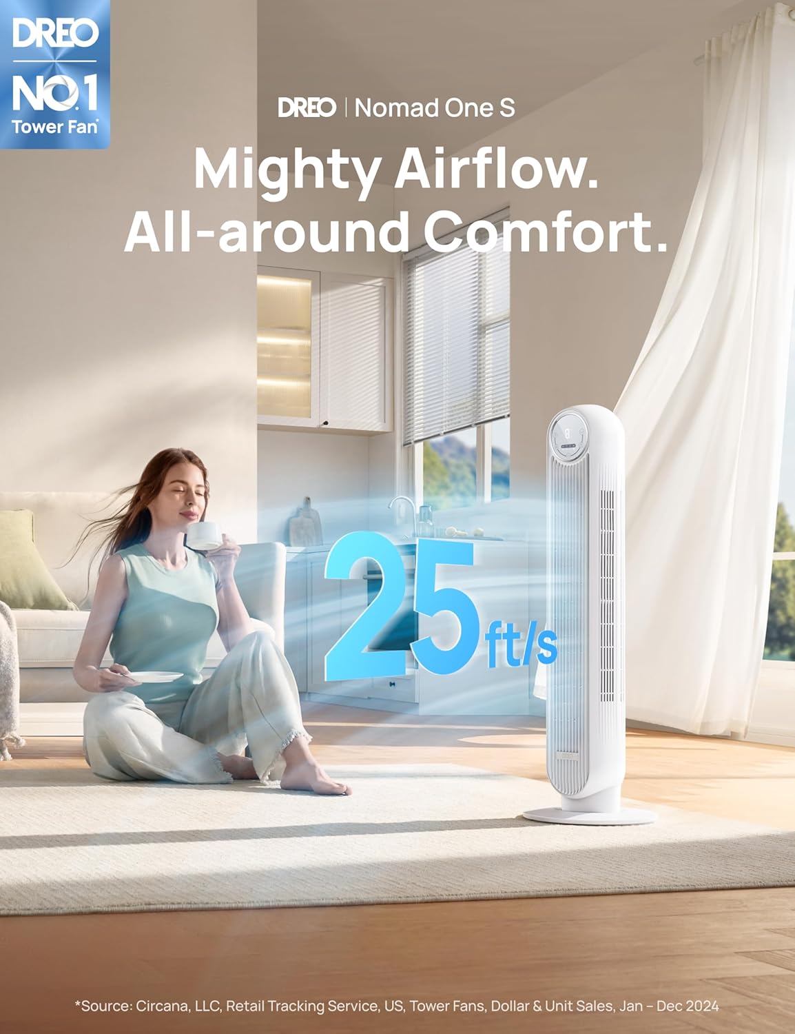 Dreo Tower Fan for Bedroom with 90 Degree Oscillating and 4 Speeds