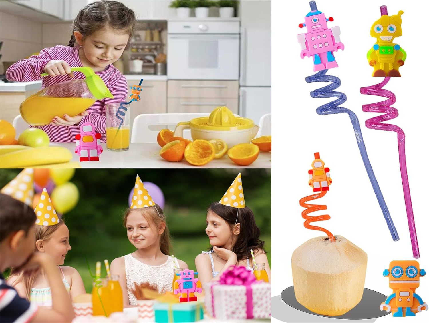 24-Pack Robot-Themed Reusable Plastic Straws for Birthday Party Favors