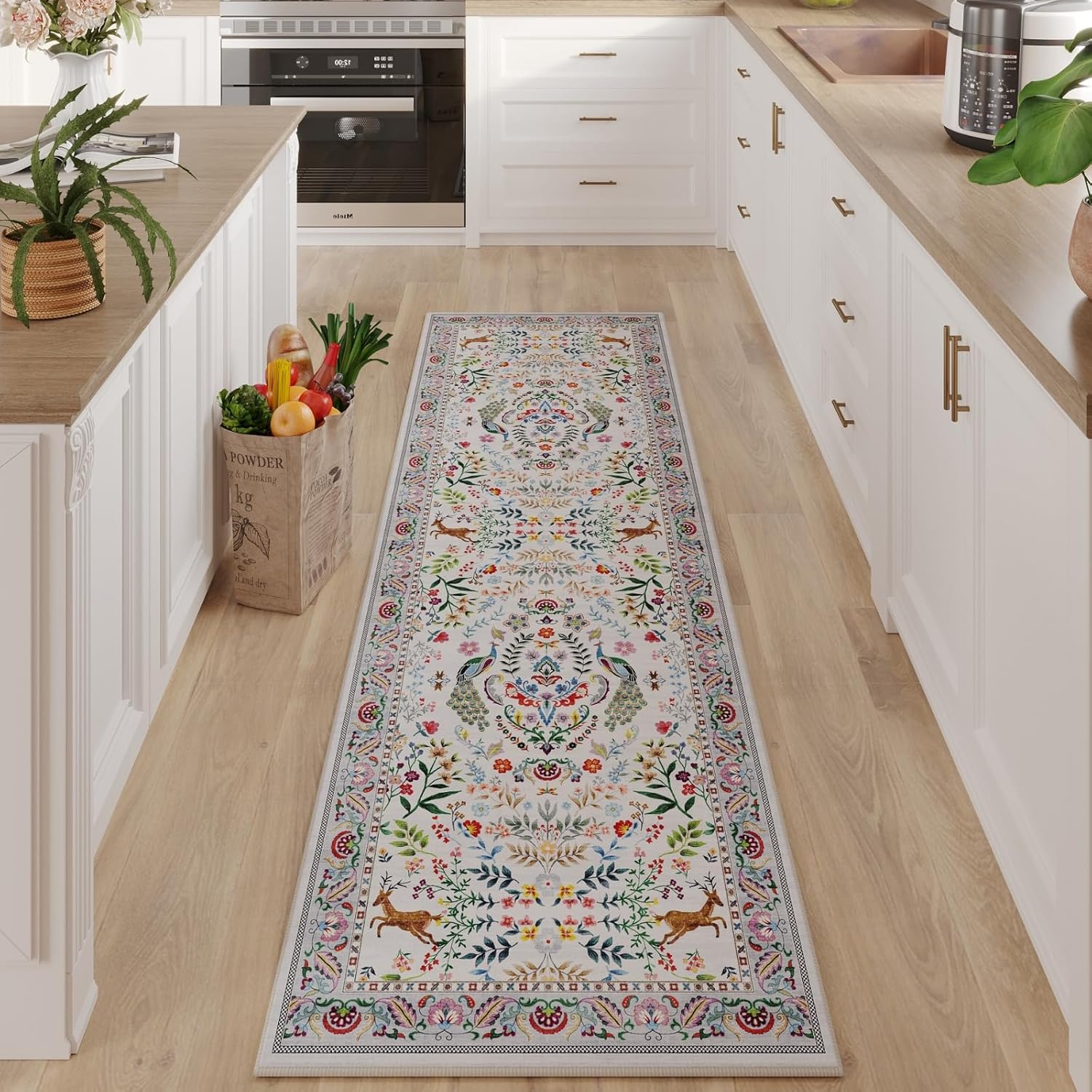 Rugcomf Washable Floral Runner Rug 26x8 Non-Slip Kitchen Entryway Carpet