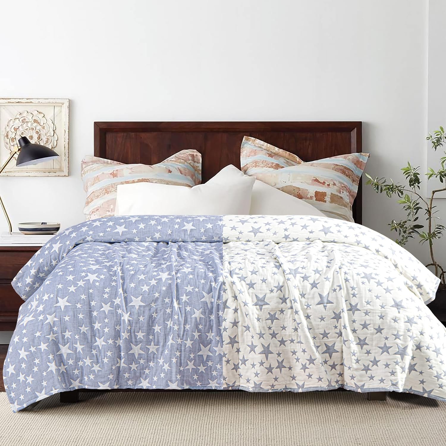 NTBAY 3 Layers Cotton Muslin Twin Blanket Blue Stars