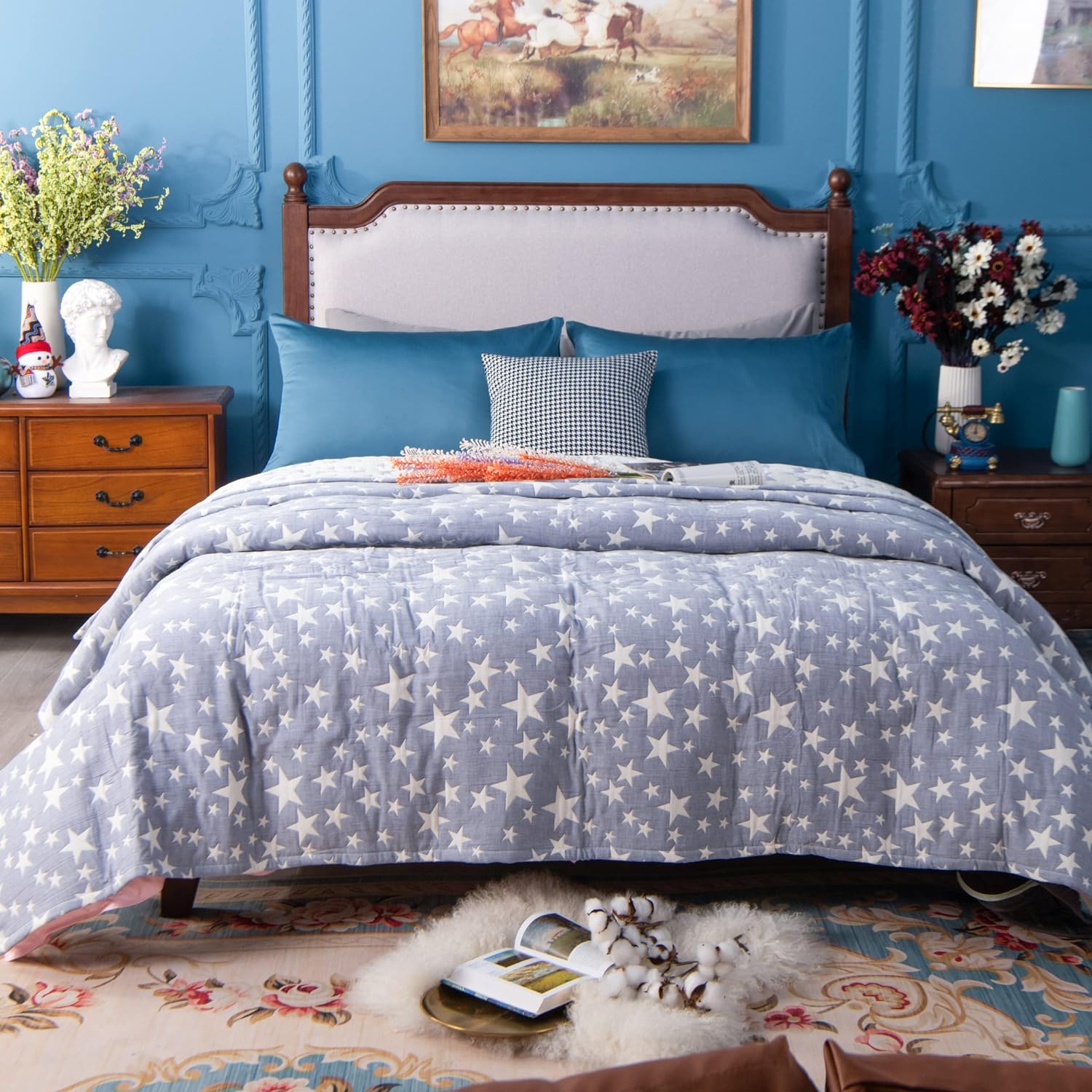 NTBAY 3 Layers Cotton Muslin Twin Blanket Blue Stars