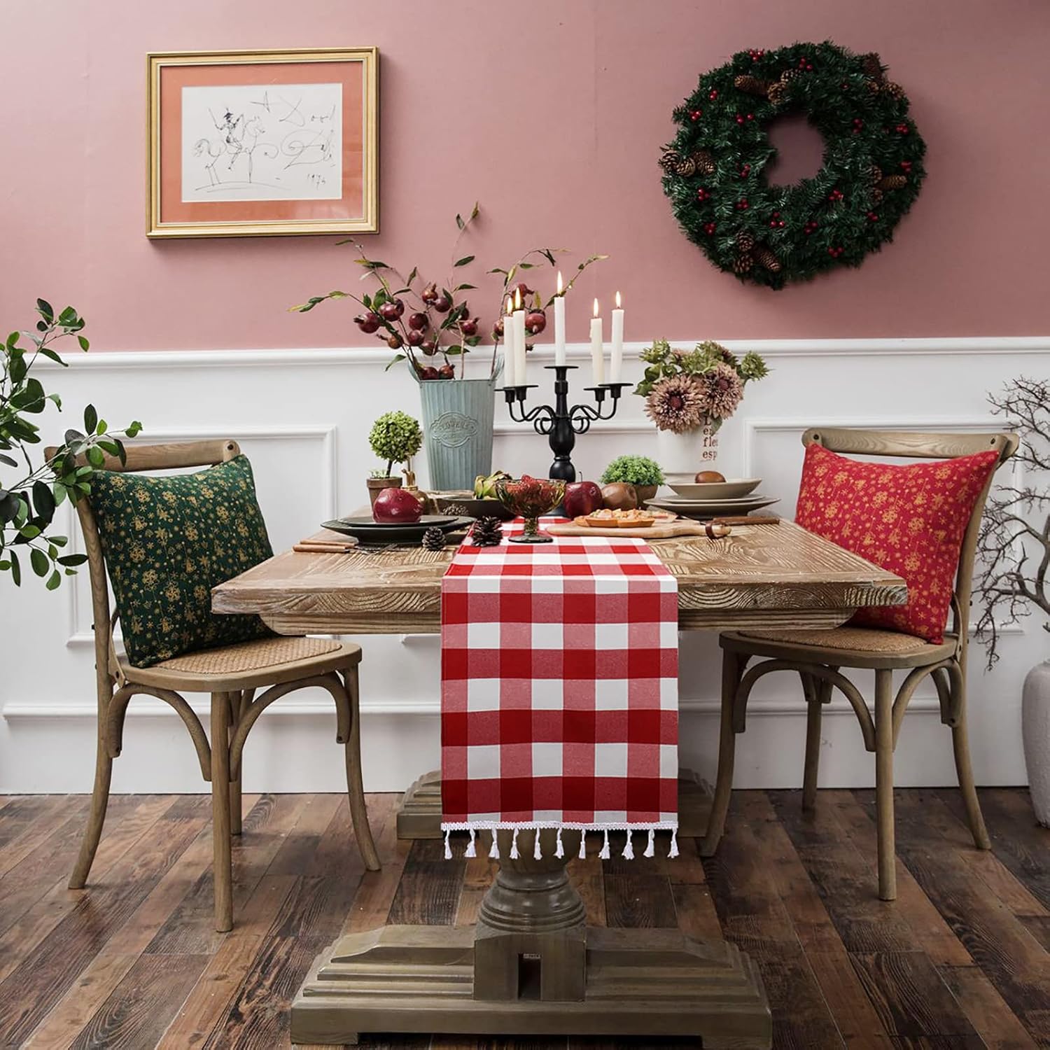 DUOBAO Buffalo Plaid Table Runner Red and White Checkered 14x108 Inches
