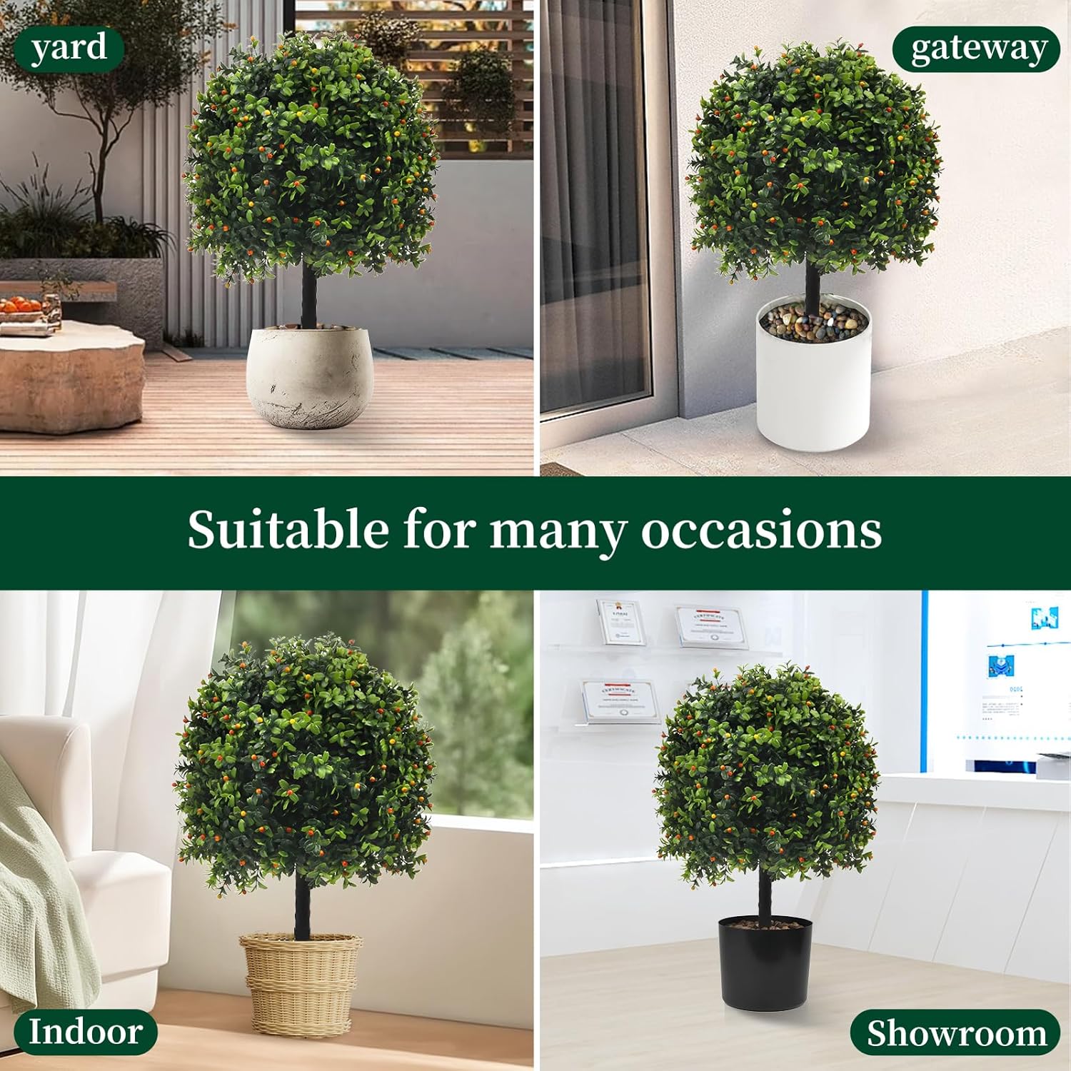 KUKKUME Artificial Boxwood Topiary with Reddish Fruit Set of 2