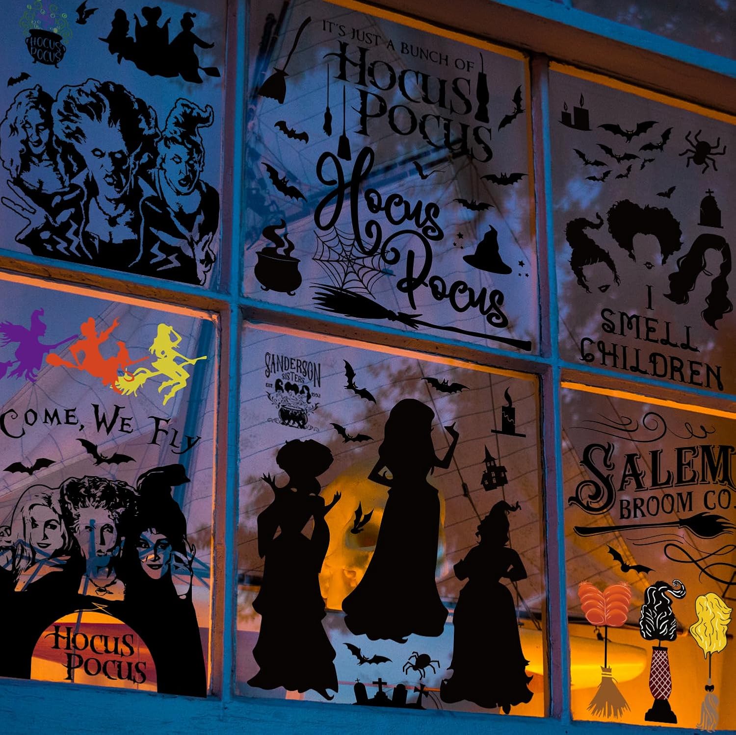 GreenPine 6Pcs Halloween Window Clings Witch Decals Bats Spider Webs