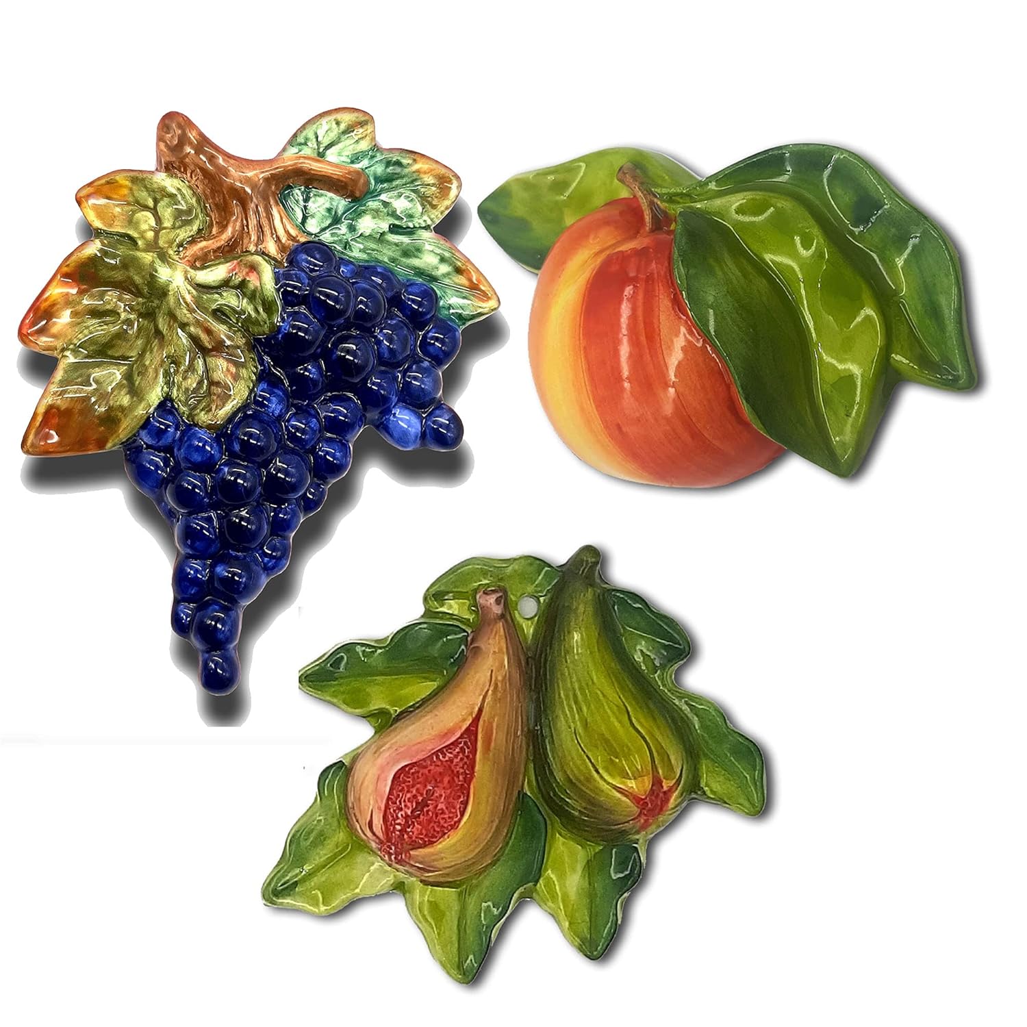 Italian Ceramic Fruits Wall Decor - Hand Painted Grapes Figs Apple