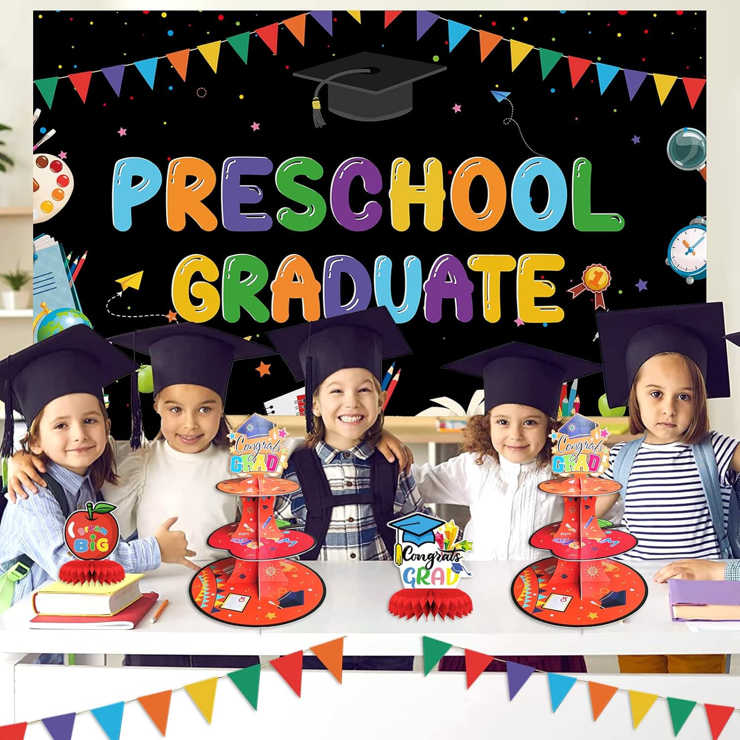 Kindergarten Graduation Cupcake Stand - 3 Tier Cardboard Dessert Tower with Congrats Grad Topper