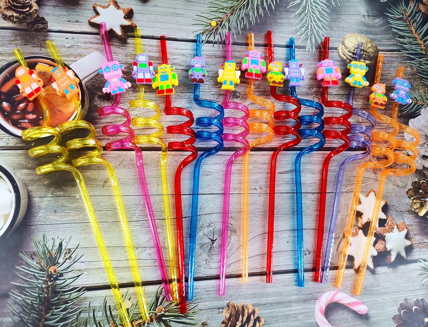 24-Pack Robot-Themed Reusable Plastic Straws for Birthday Party Favors