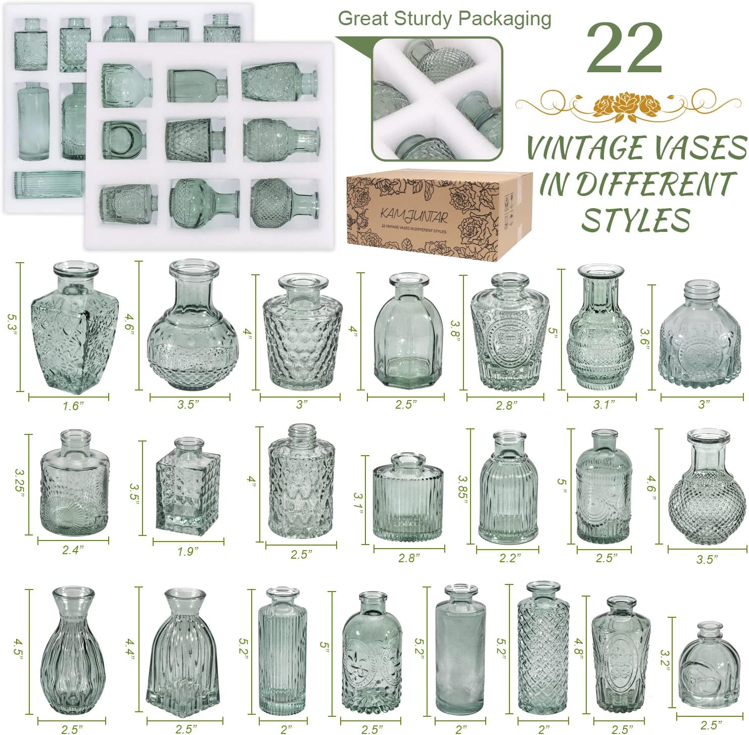 KAMJUNTAR Green Glass Bud Vase Set of 22