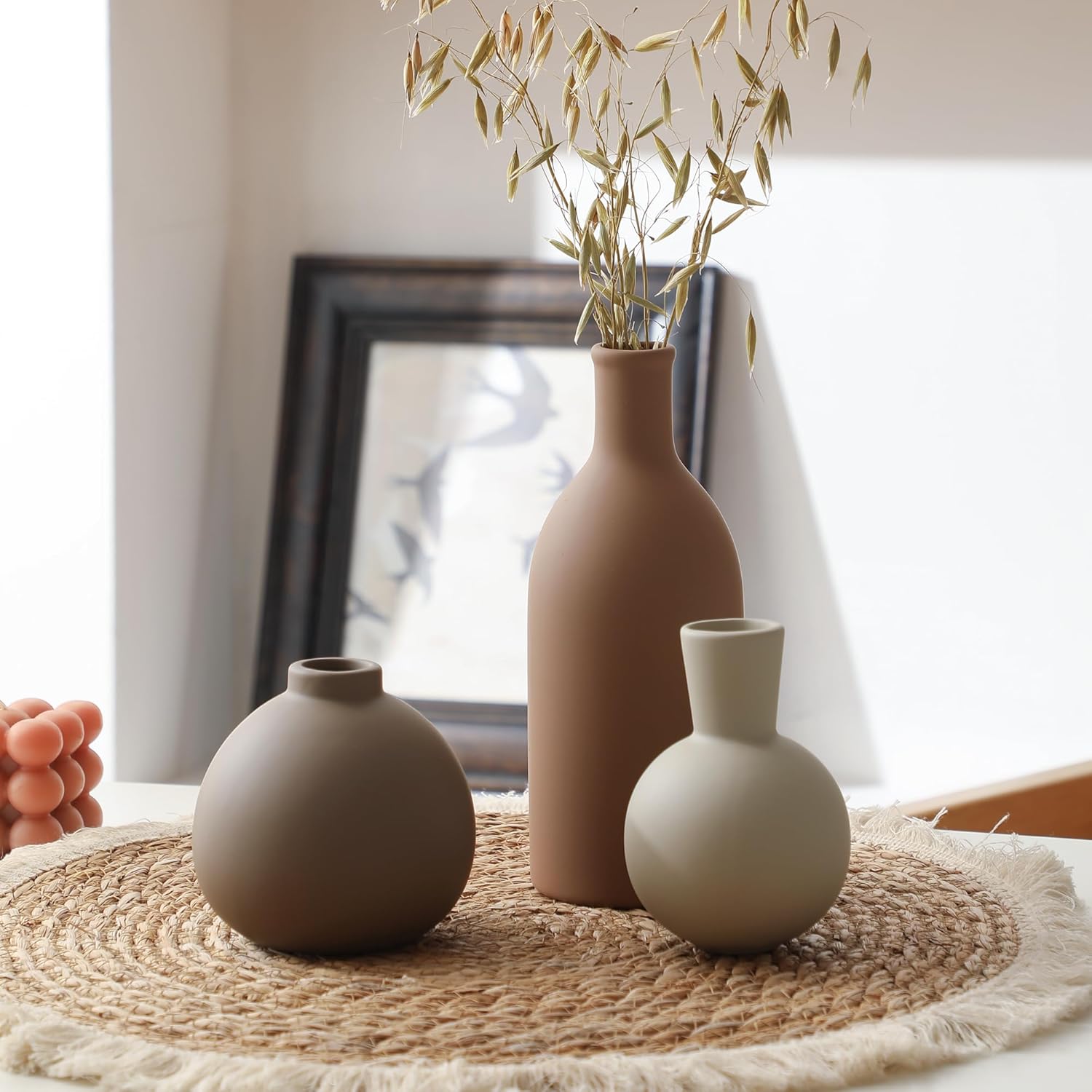 Ceramic Vase Set of 3 Brown Rustic Farmhouse Decor