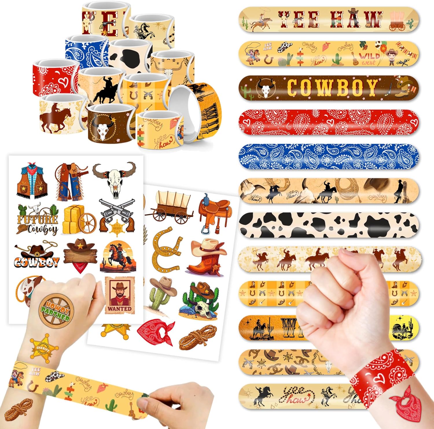 48PCS Cowboy Party Set with Slap Bracelets and Temporary Tattoos