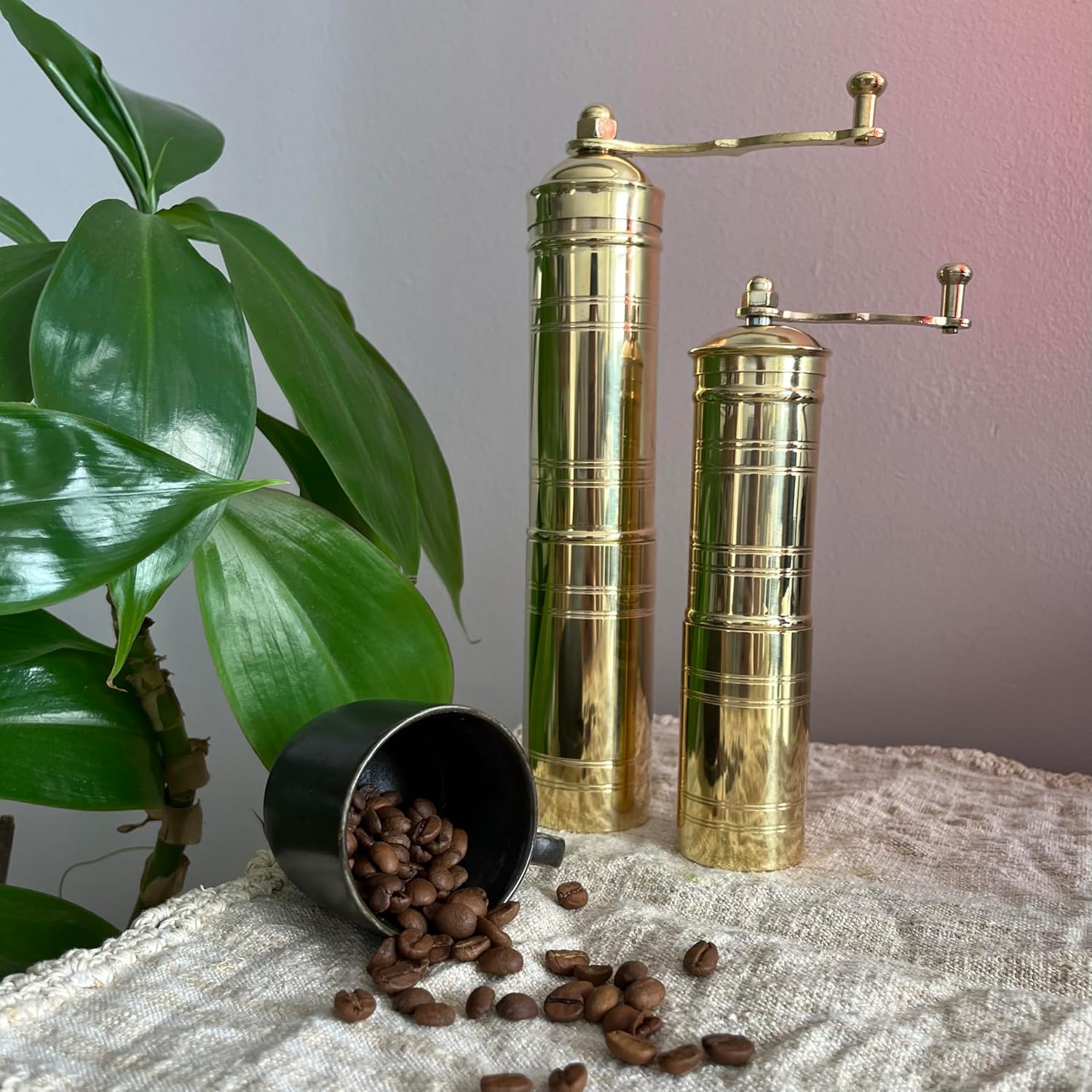 Set of Two Brass Manual Coffee Grinders with Handle