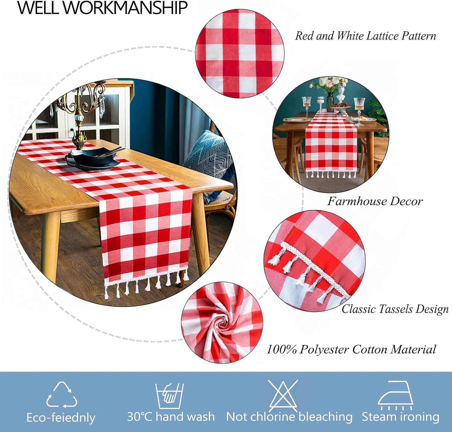 DUOBAO Buffalo Plaid Table Runner Red and White Checkered 14x108 Inches
