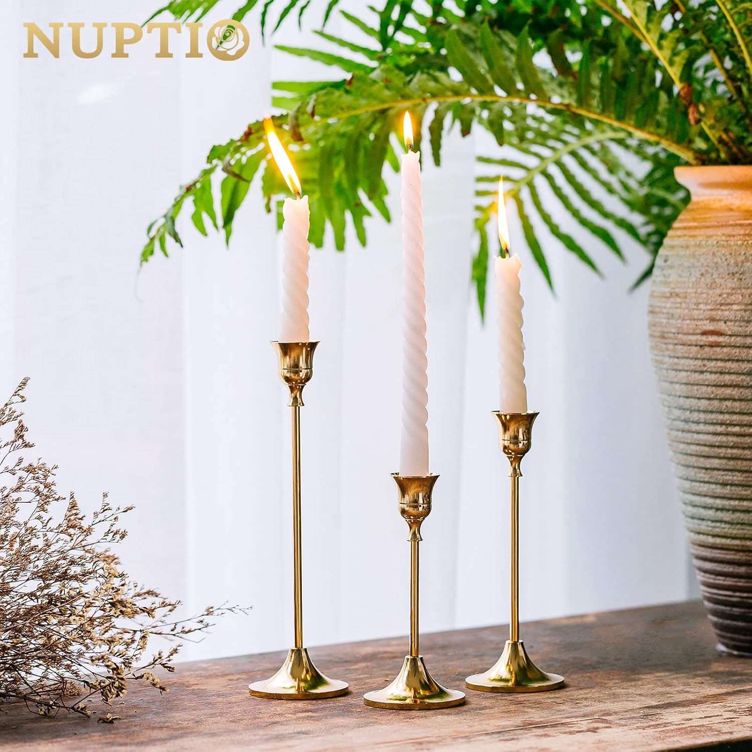 NUPTIO Brass Gold Candlestick Holder Set of 3