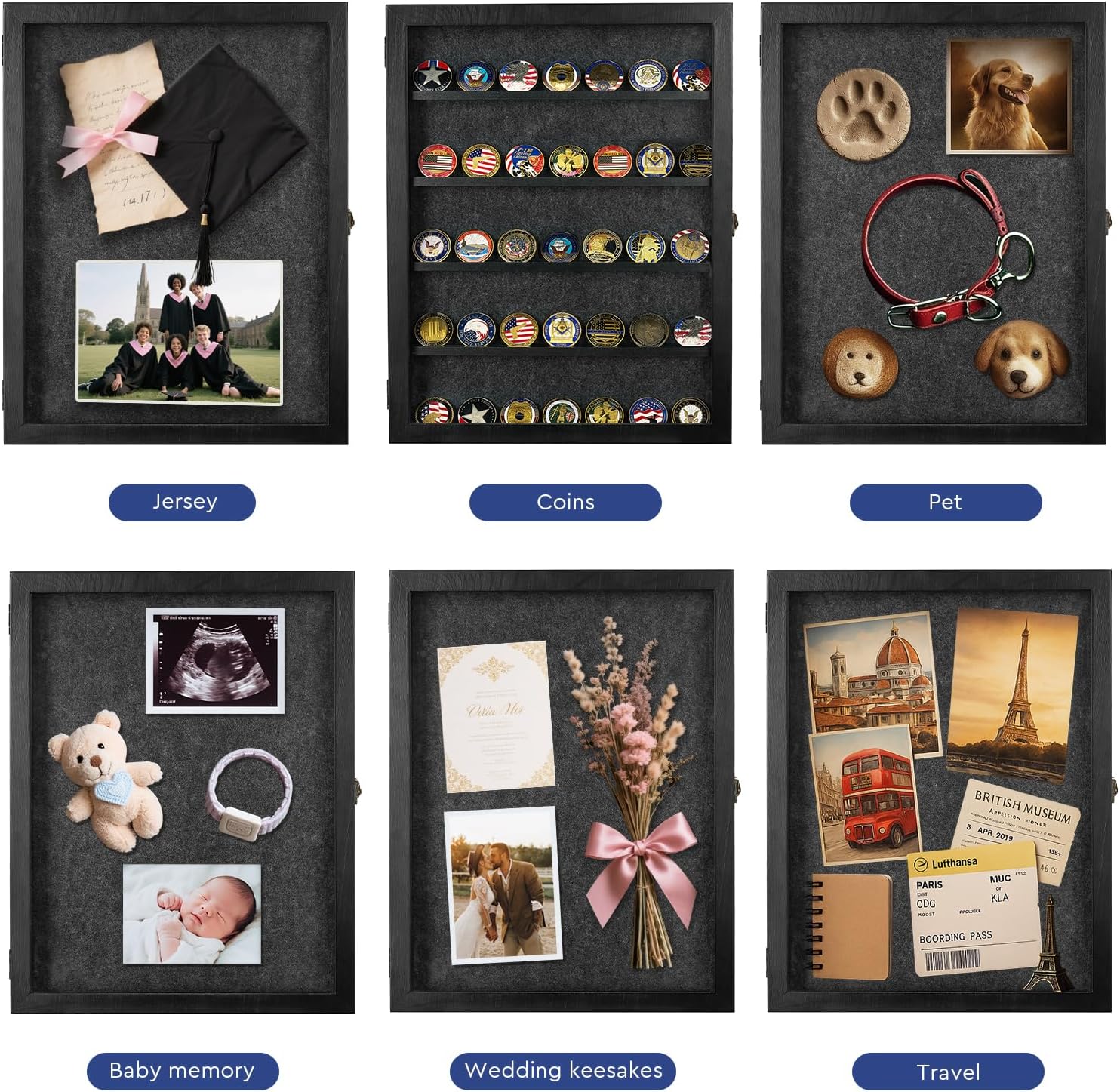 Large Jersey Frame Display Case Black Shadow Box with Slots for Keepsakes