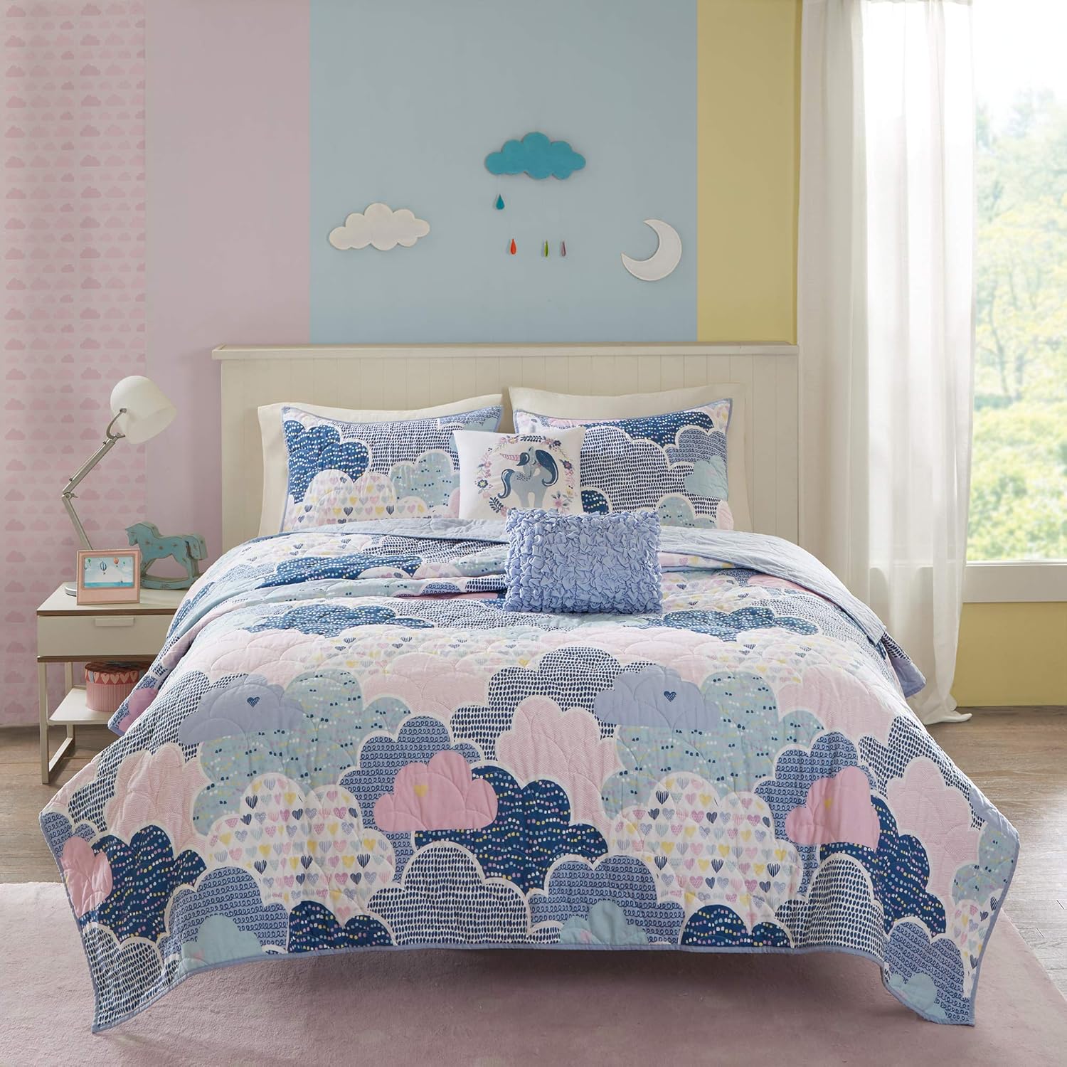 Reversible Cotton Quilt Set for Kids - 5 Piece Cloud Blue