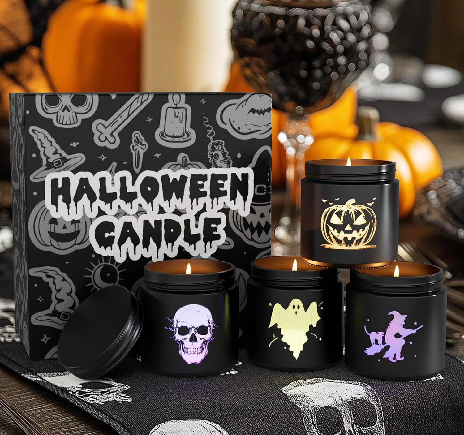 Halloween Candle Set 4 Pack with Pumpkin Skull Ghost Witch